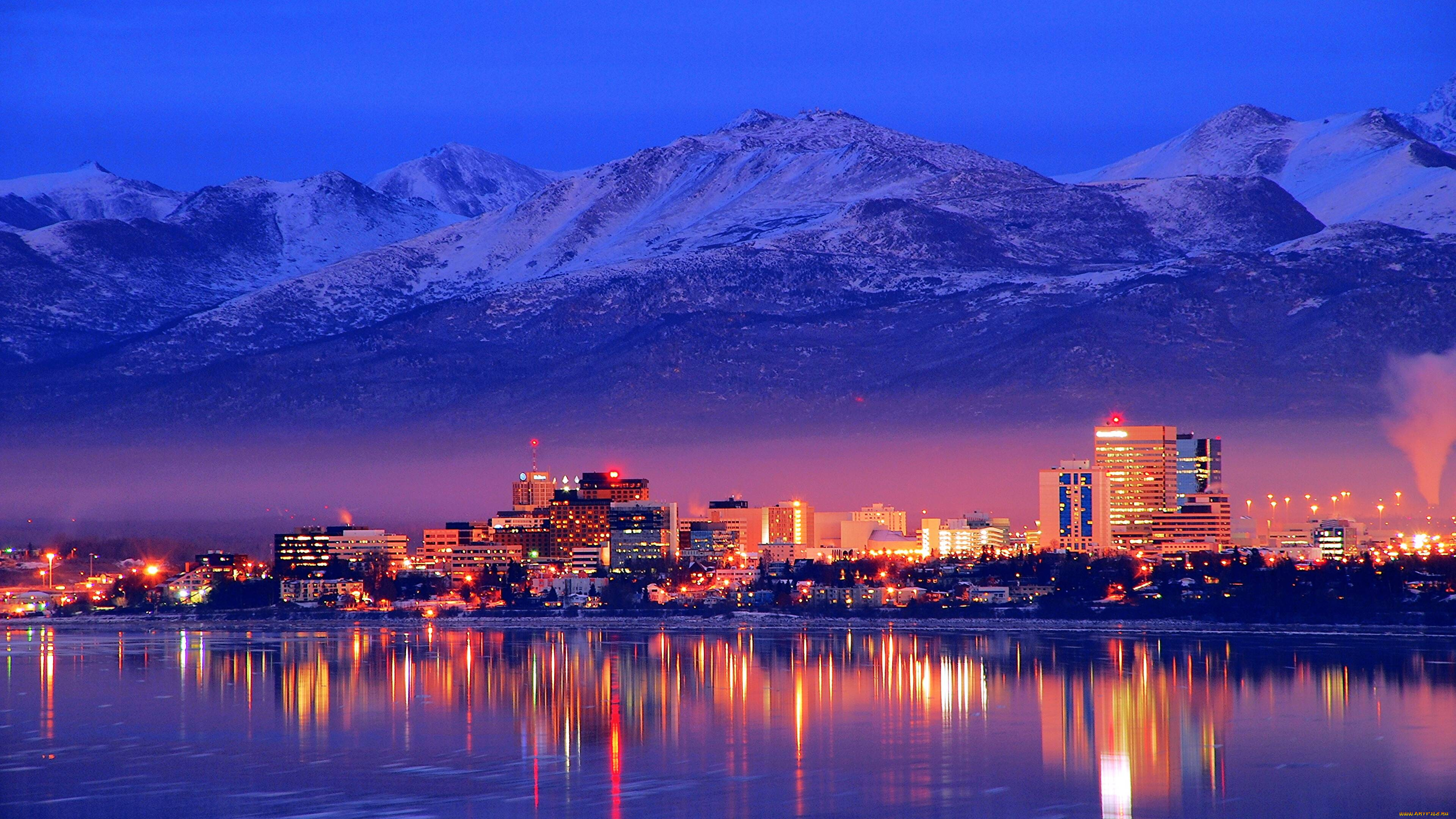 anchorage-alaska, города, -, огни, ночного, города, anchorage, вечер, огни, отражение, северная, америка, alaska, горы, пейзаж, город