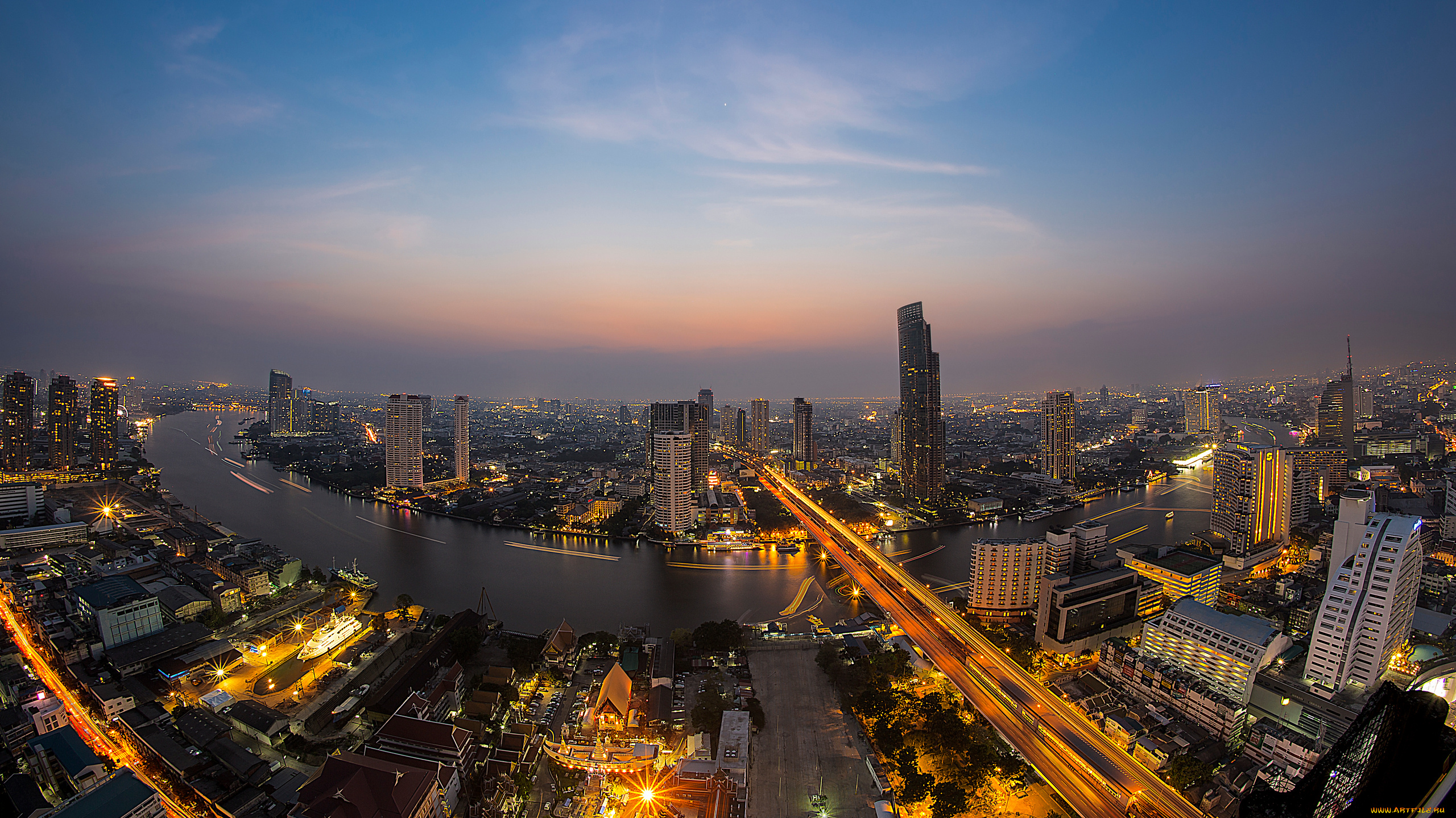 города, бангкок, , таиланд, городской, вид, вечер, река, закат, бангкок, город, азия
