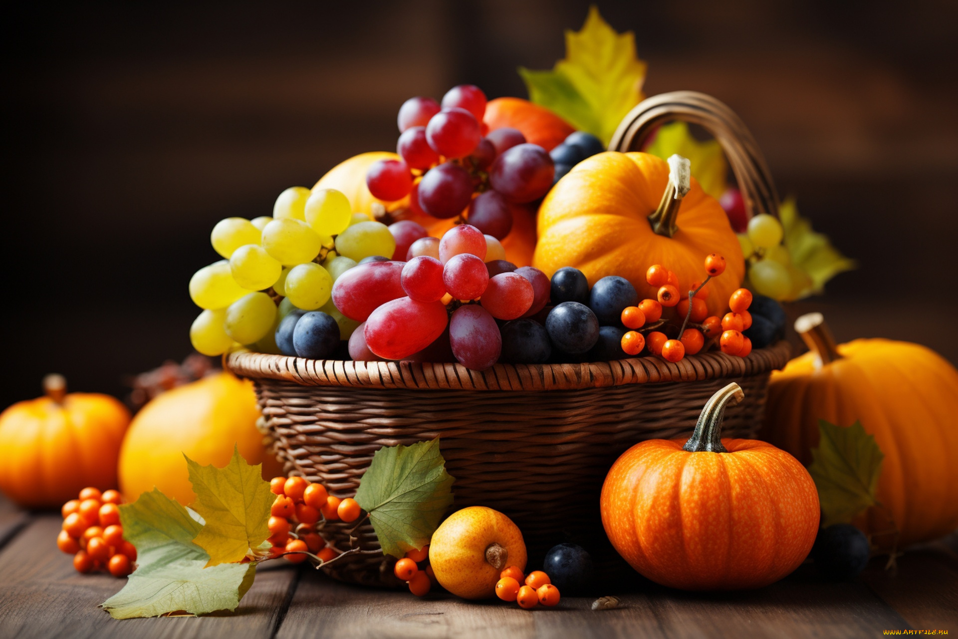 еда, фрукты, и, овощи, вместе, корзинка, кленовые, листья, виноград, тыквы, ягоды