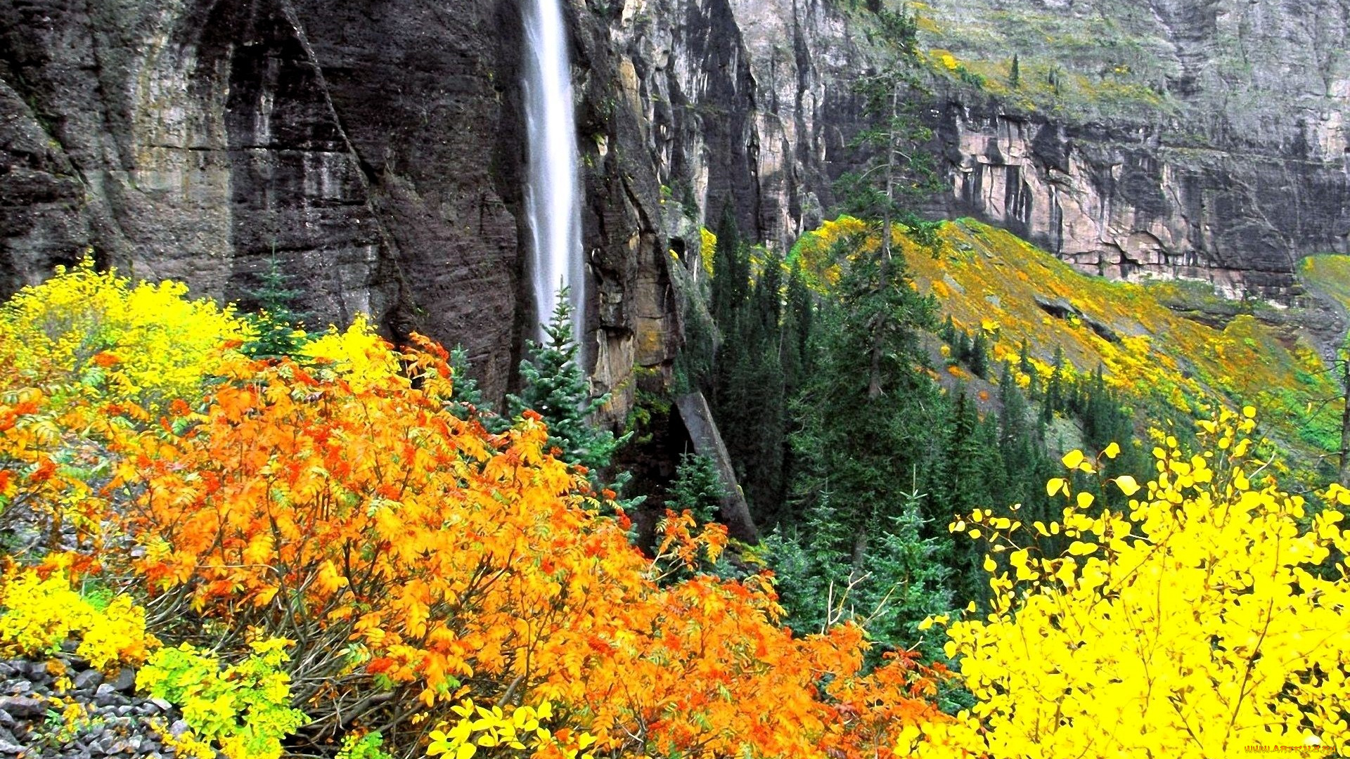 природа, водопады, скалы, водопад, кусты, деревья, осень