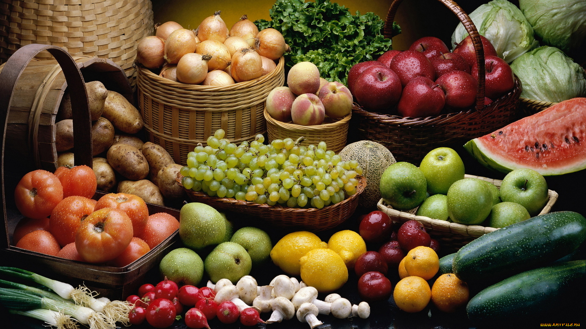 еда, натюрморт, лимоны, лук, зелень, яблоки, картошка, помидоры, арбуз, томаты, виноград
