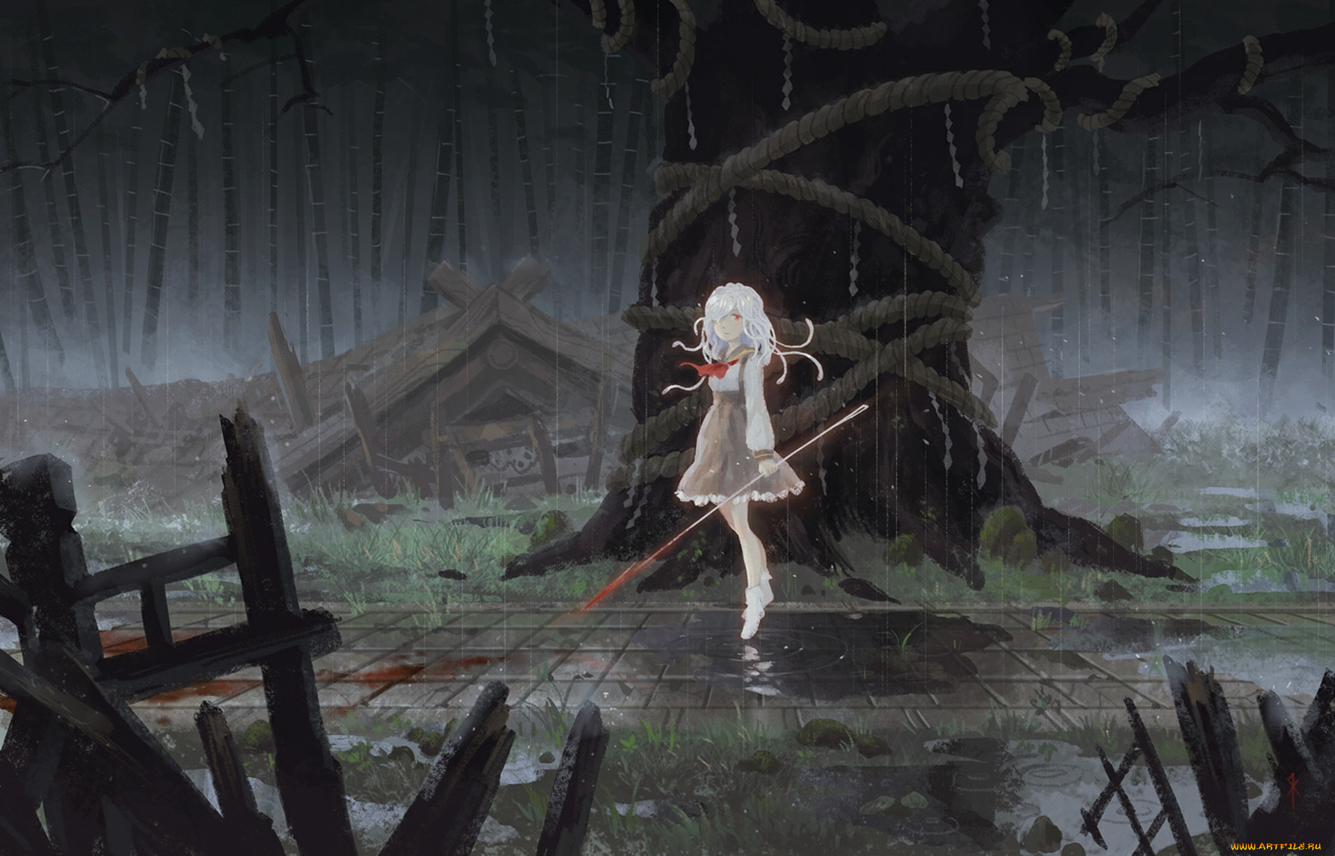 аниме, bakemonogatari, оружие, sengoku, nadeko, демон, девушка, руины, дождь, развалины, вода