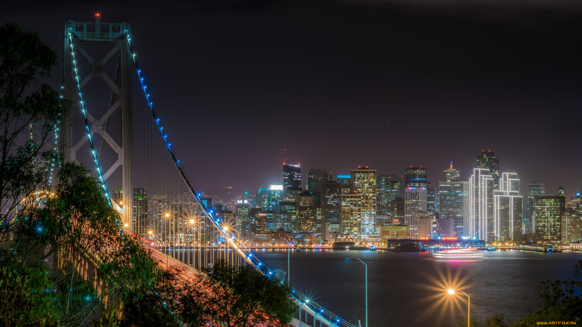 bay, bridge, and, san, francisco, skyline, города, сан-франциско, , сша, огни, мост, ночь