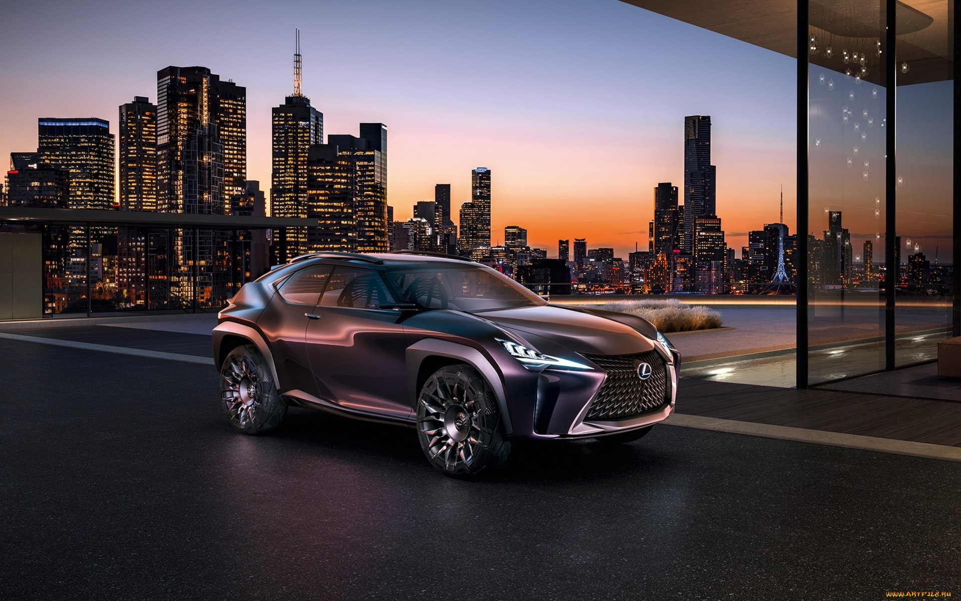 автомобили, lexus, ux, concept, город, здания, дома, лексус, темный, огни