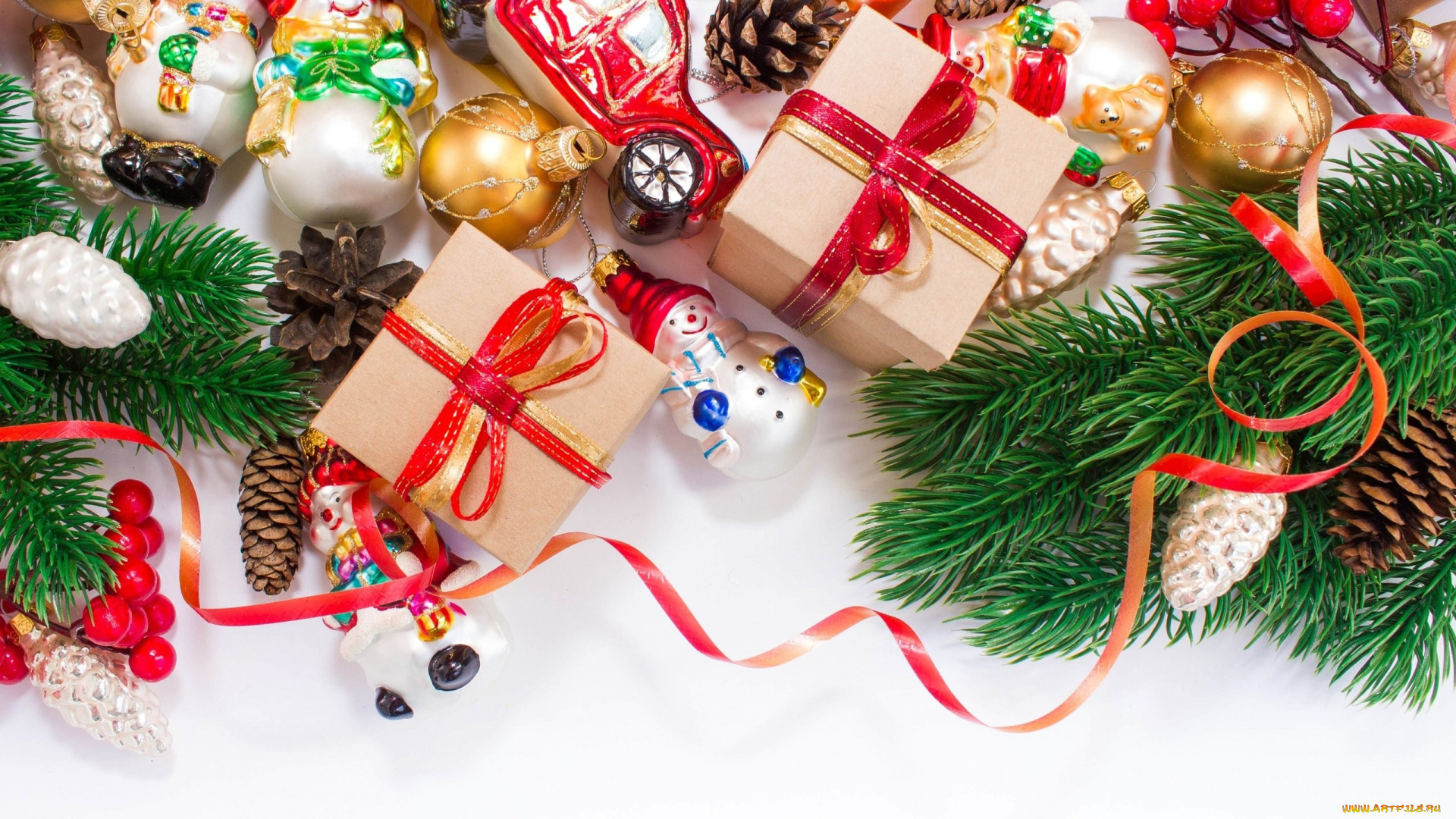 праздничные, подарки, и, коробочки, серпантин, шишки, подарки, снеговики