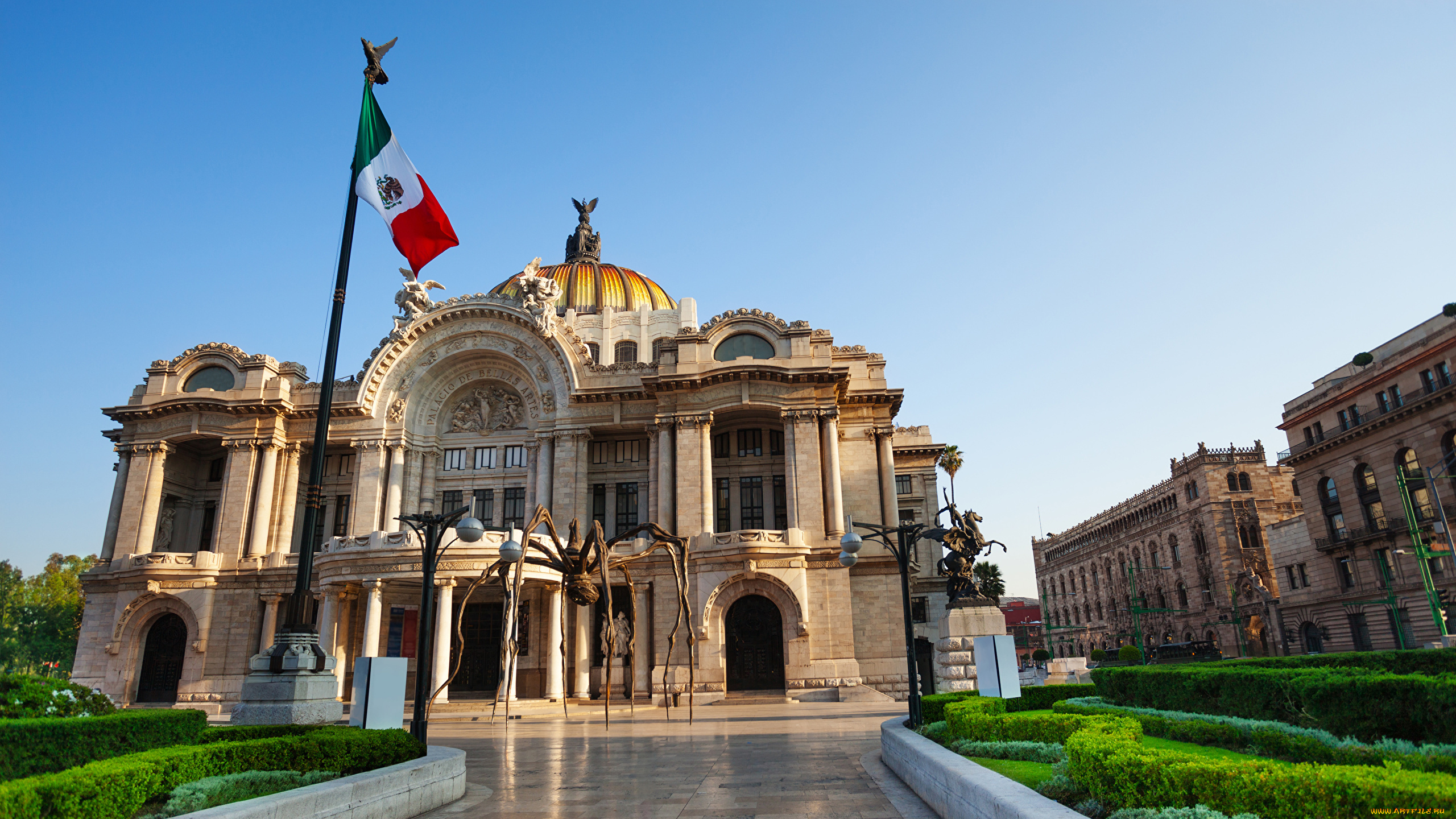 города, мехико, , мексика, здания, скульптуры, флаг