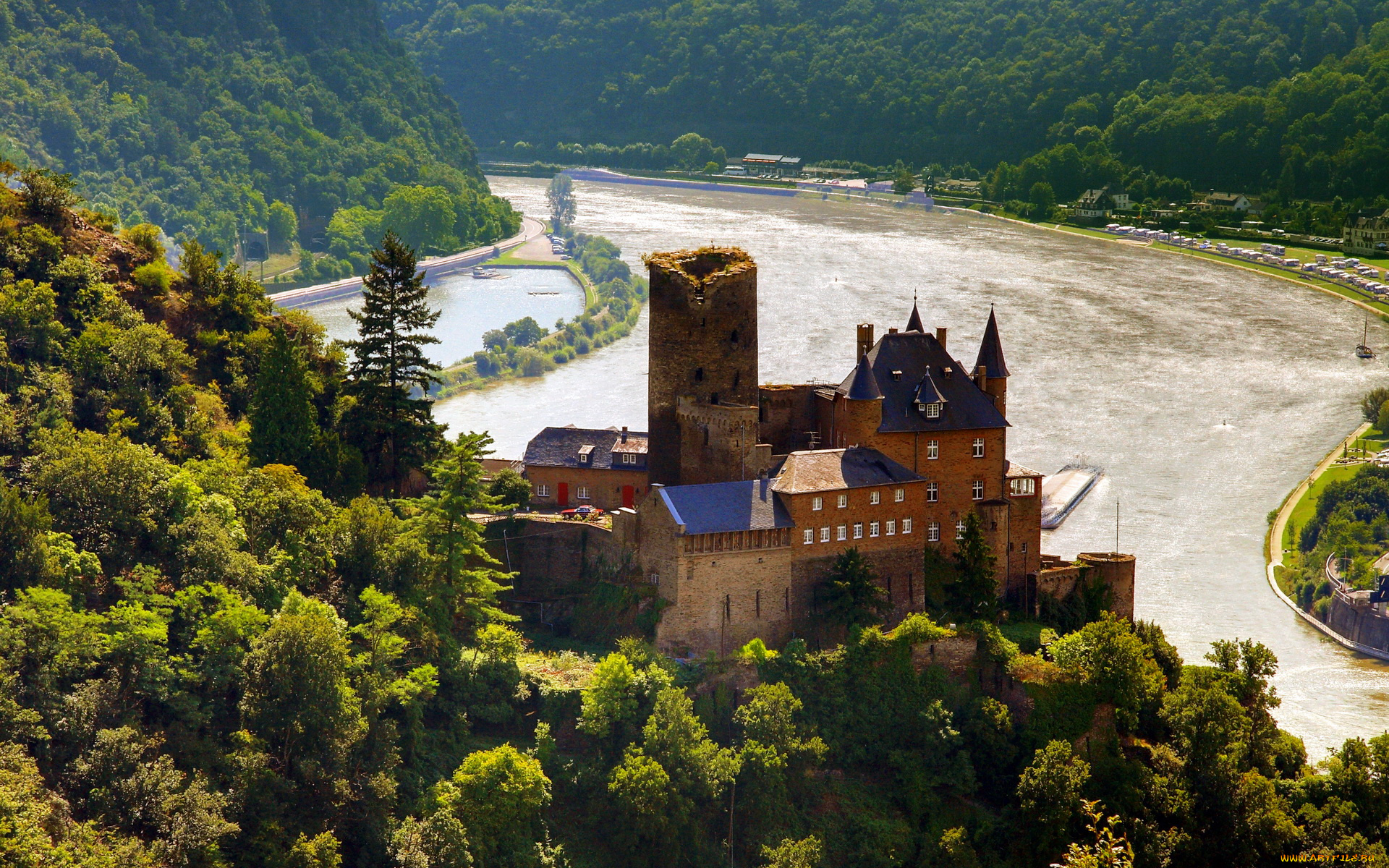 castle, katz, germany, города, дворцы, замки, крепости, замок, лес, река