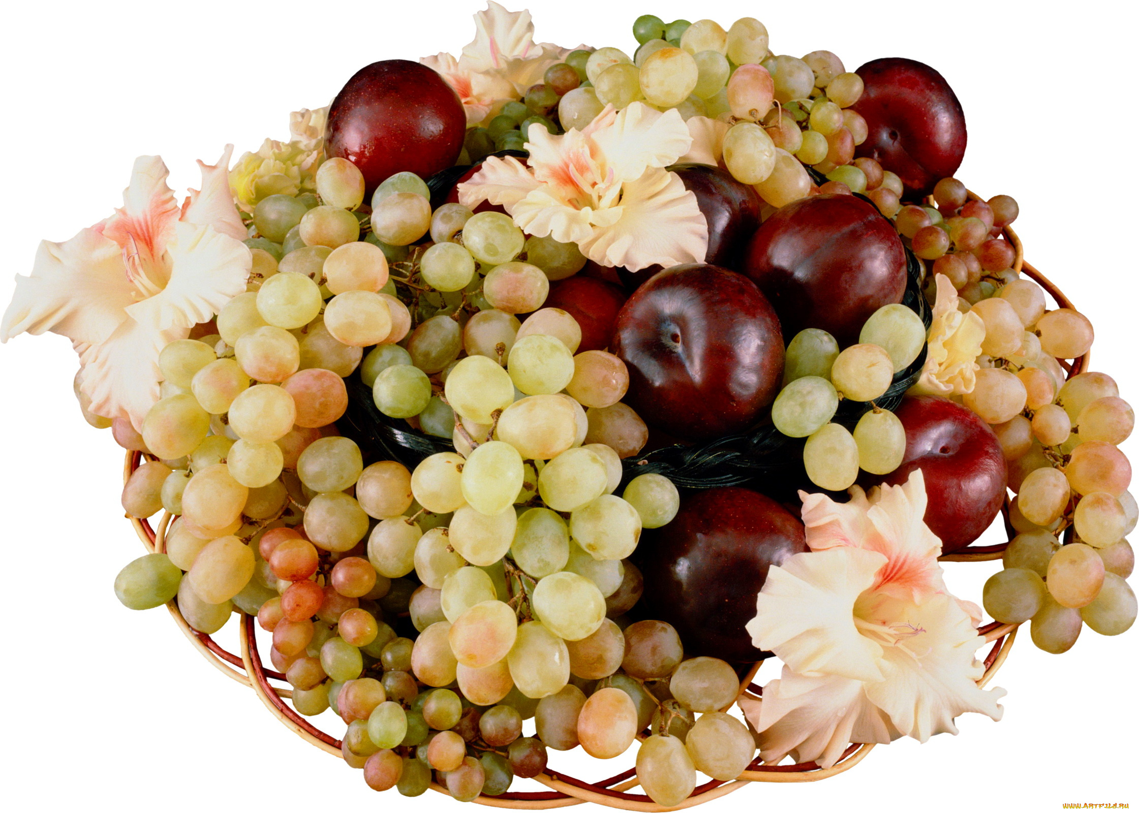 еда, фрукты, ягоды, цветы, корзинка, виноград, яблоки