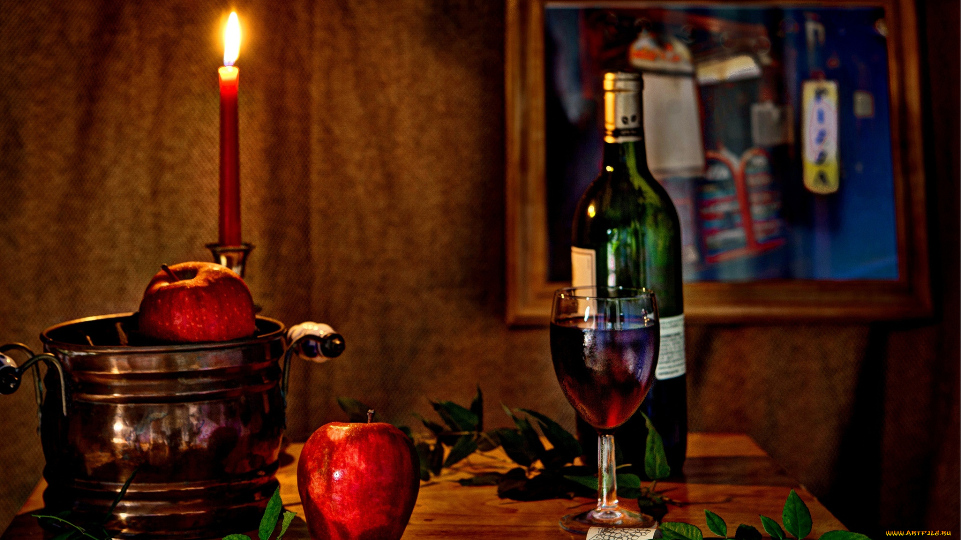 еда, натюрморт, свеча, яблоки, вино, бокал