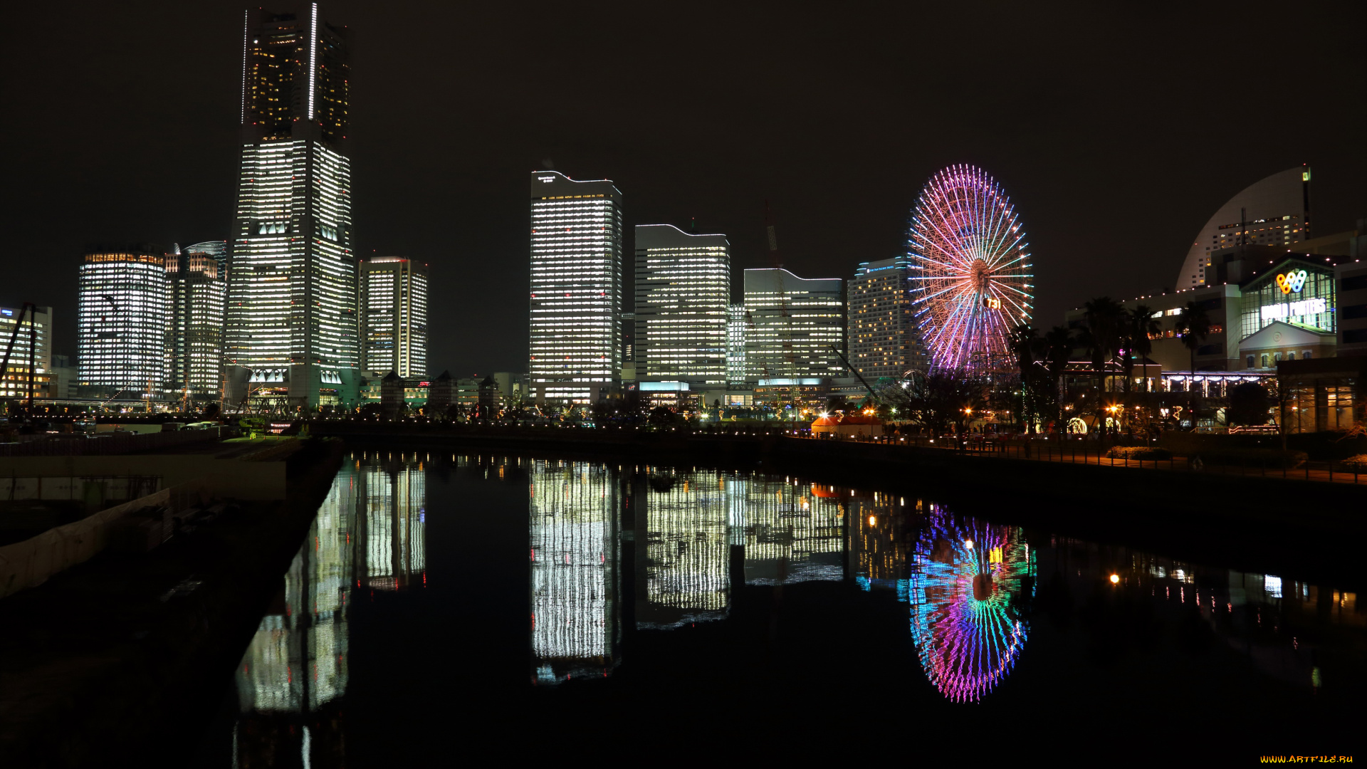 yokohama, , Япония, города, йокогама, , Япония, yokohama, япония, ночь, огни, река, дома