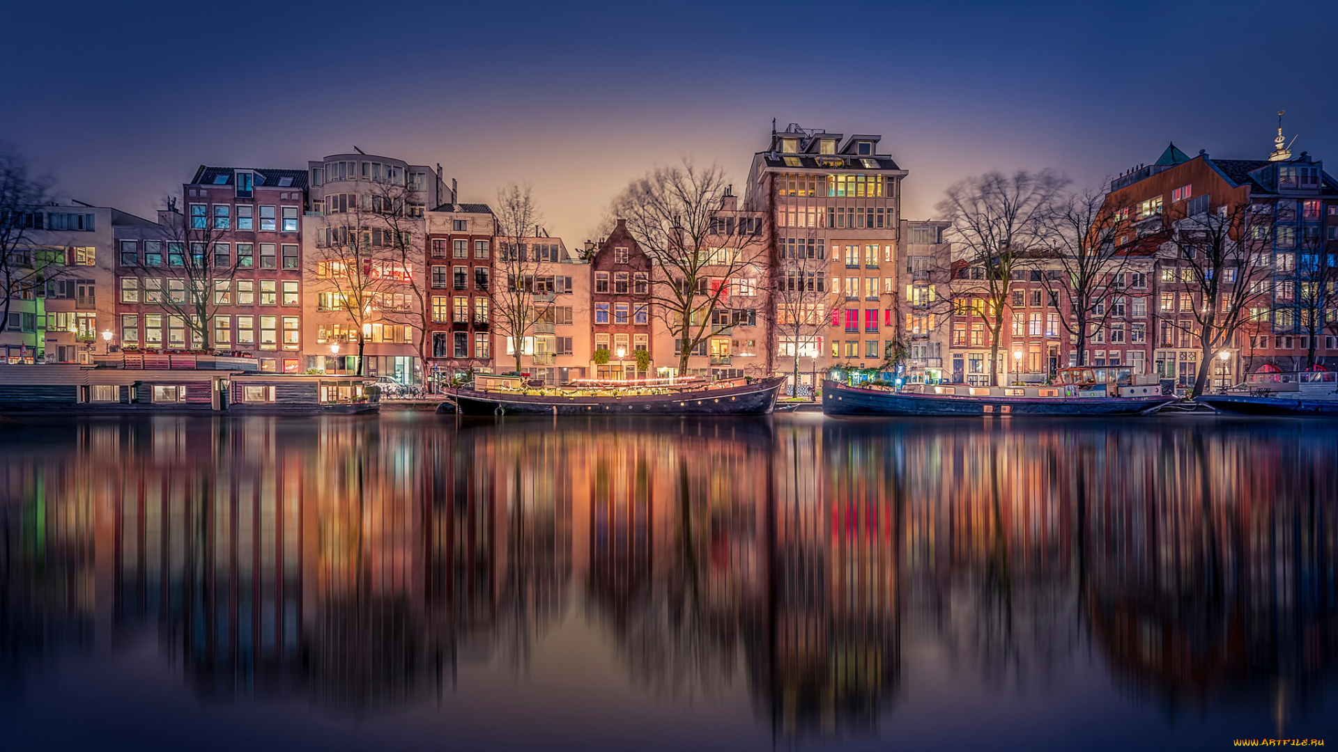 города, амстердам, , нидерланды, лодка, ночь, здания, огни, город, канал, amsterdam, вода, отрожение, деревья