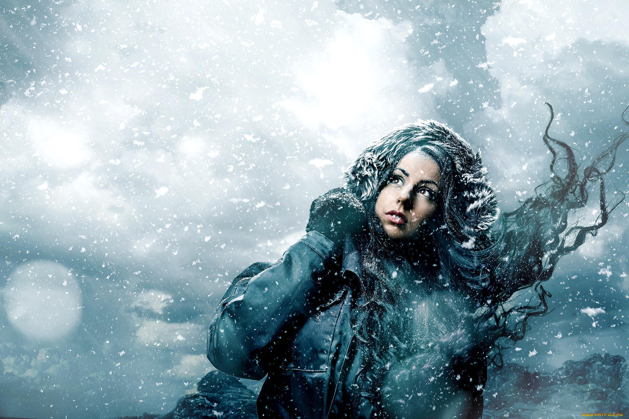 девушки, -unsort, , креатив, девушка, зима, ветер, куртка, снежинки, снег