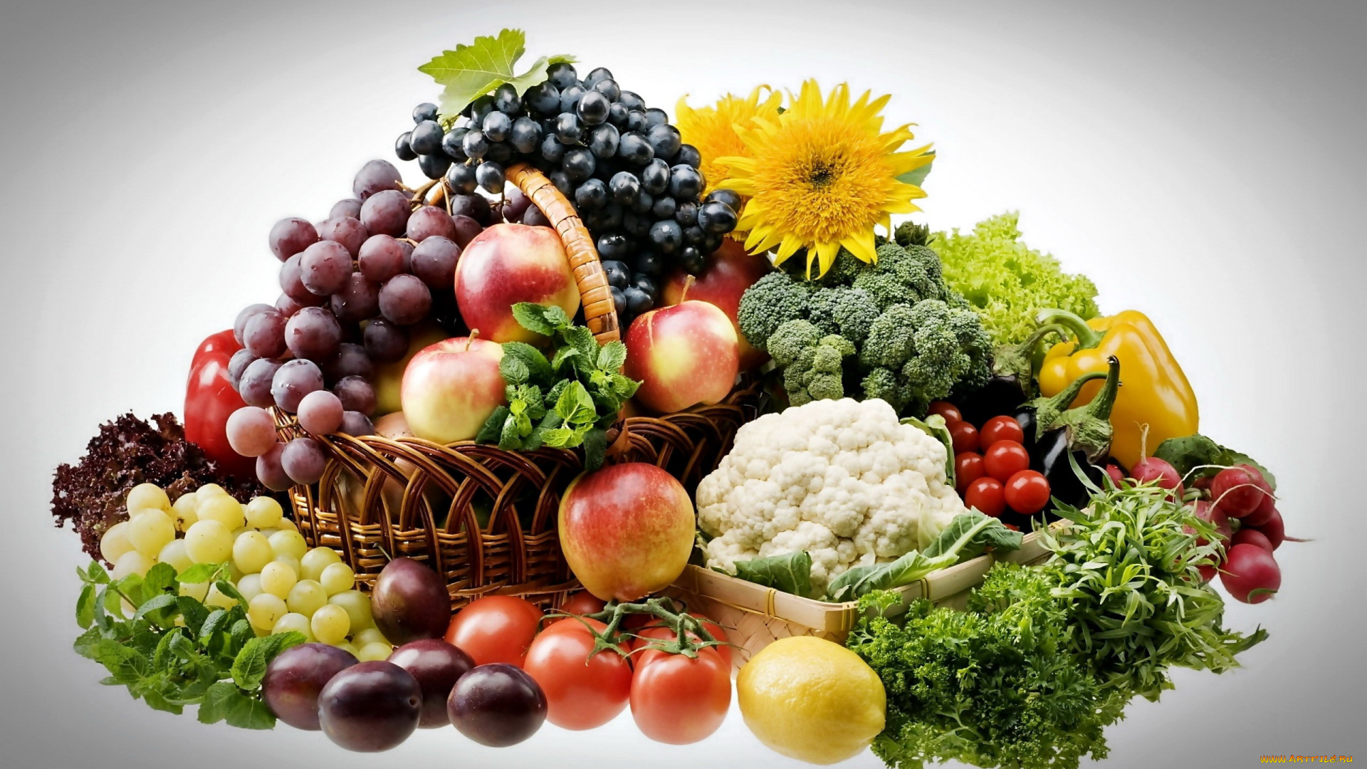 еда, фрукты, и, овощи, вместе, яблоки, виноград, сливы, редис, капуста, помидоры