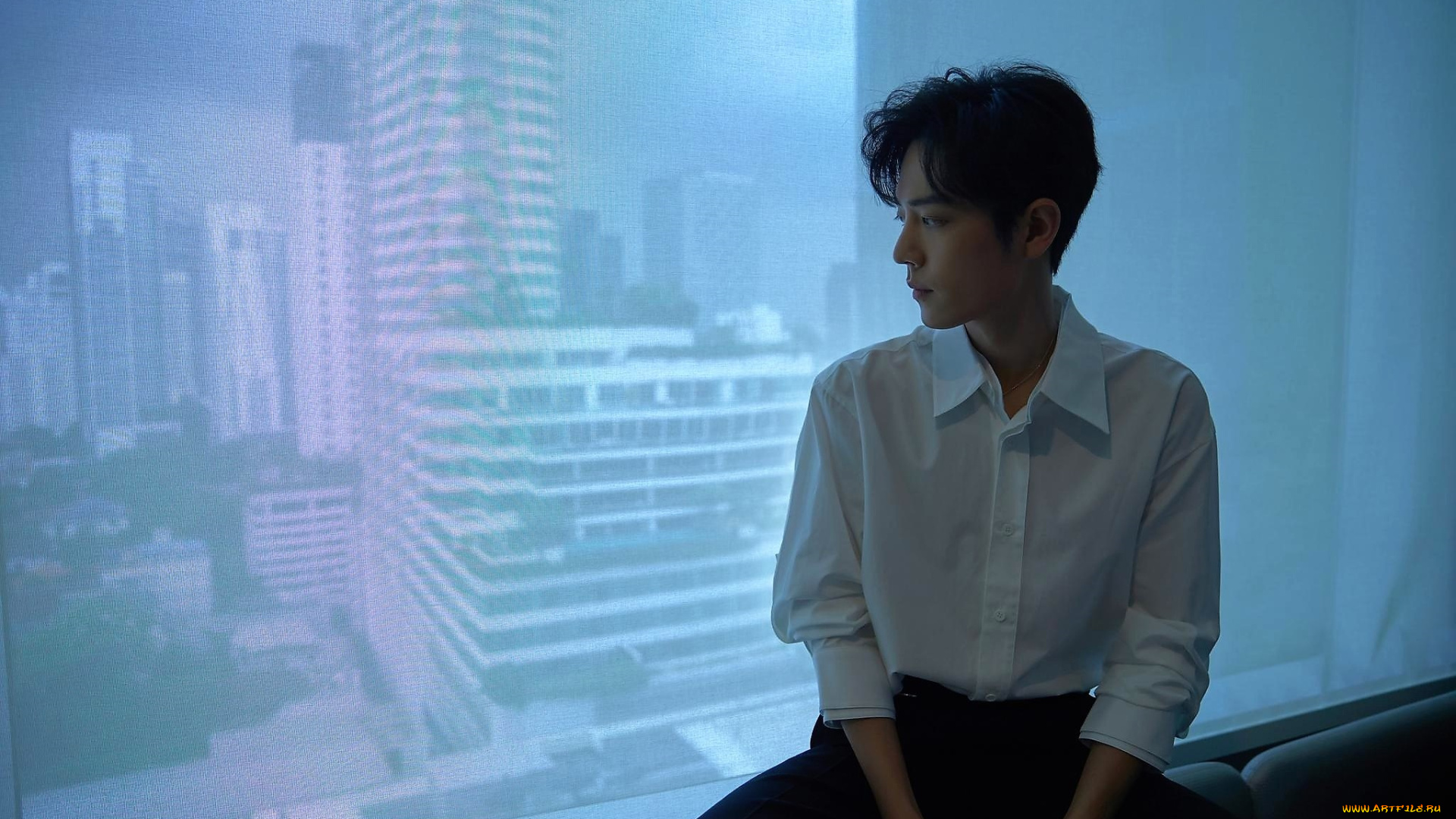 мужчины, xiao, zhan, актер, рубашка, окно, панорама, город