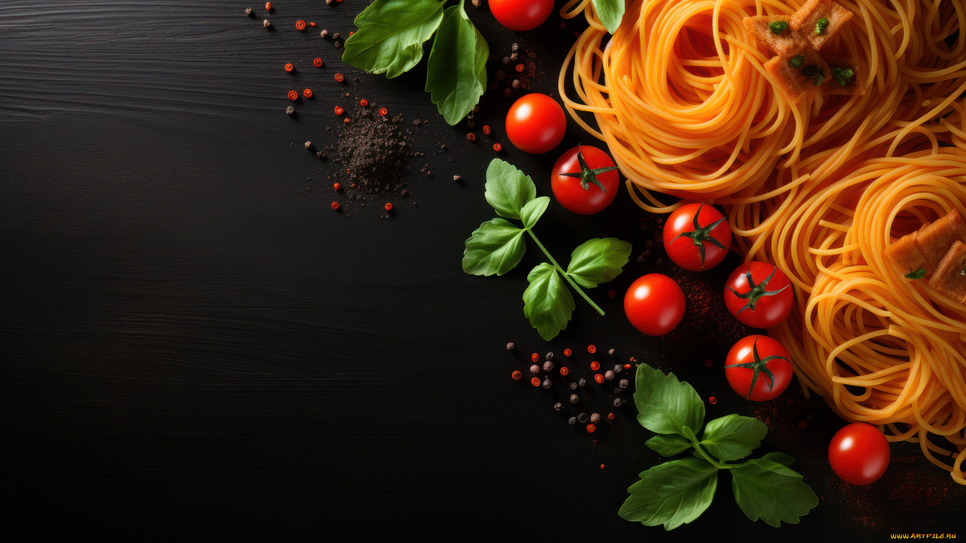 3д, графика, еда-, food, зелень, листья, темный, фон, доски, помидоры, спагетти, томаты