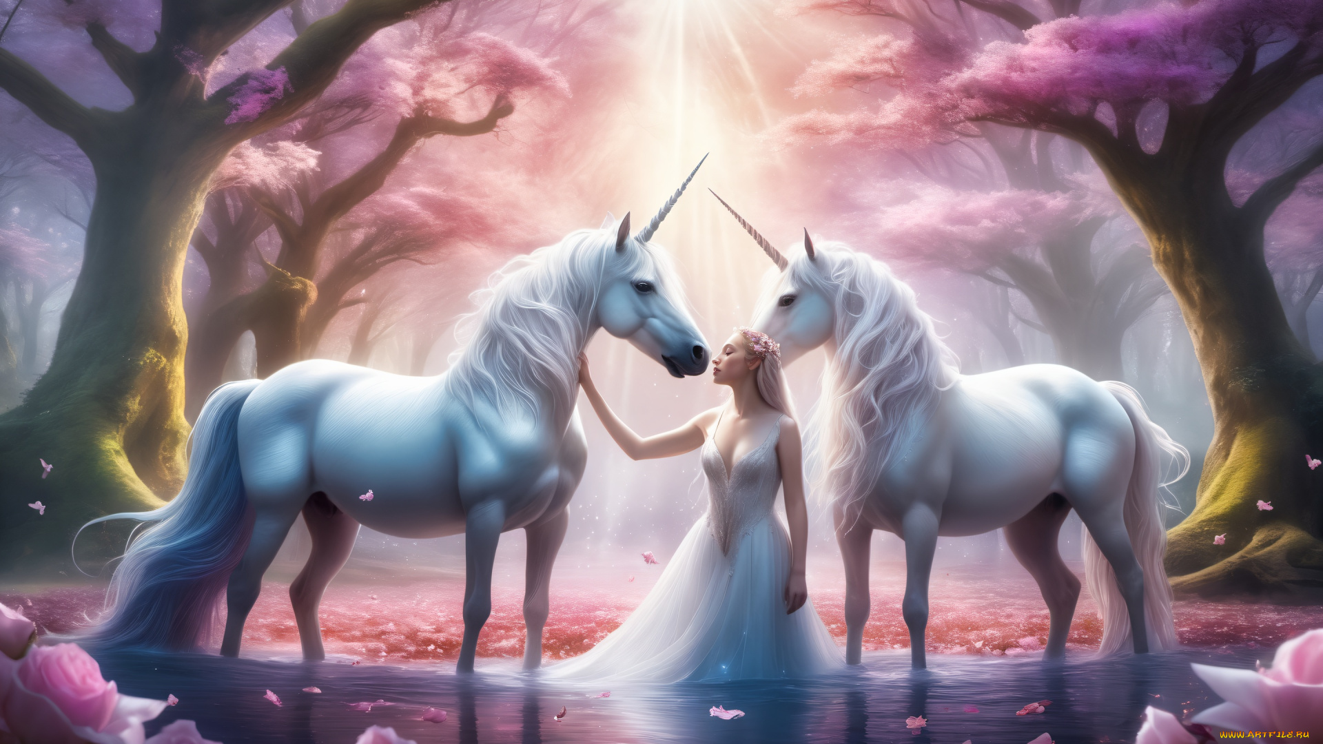 фэнтези, единороги, девушка, кони, лошади, единорог, белые, принцесса, сказочный, мир