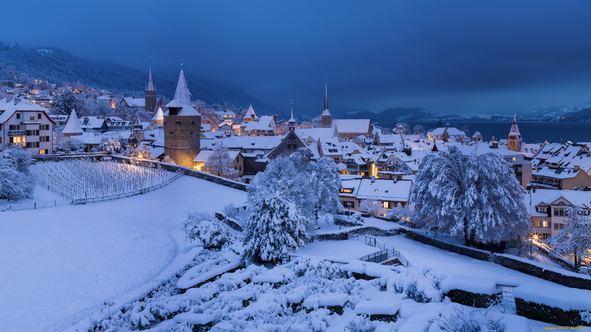 города, -, пейзажи, зима, снег, швейцария, фотография, церковь, вечер, деревня, крыши