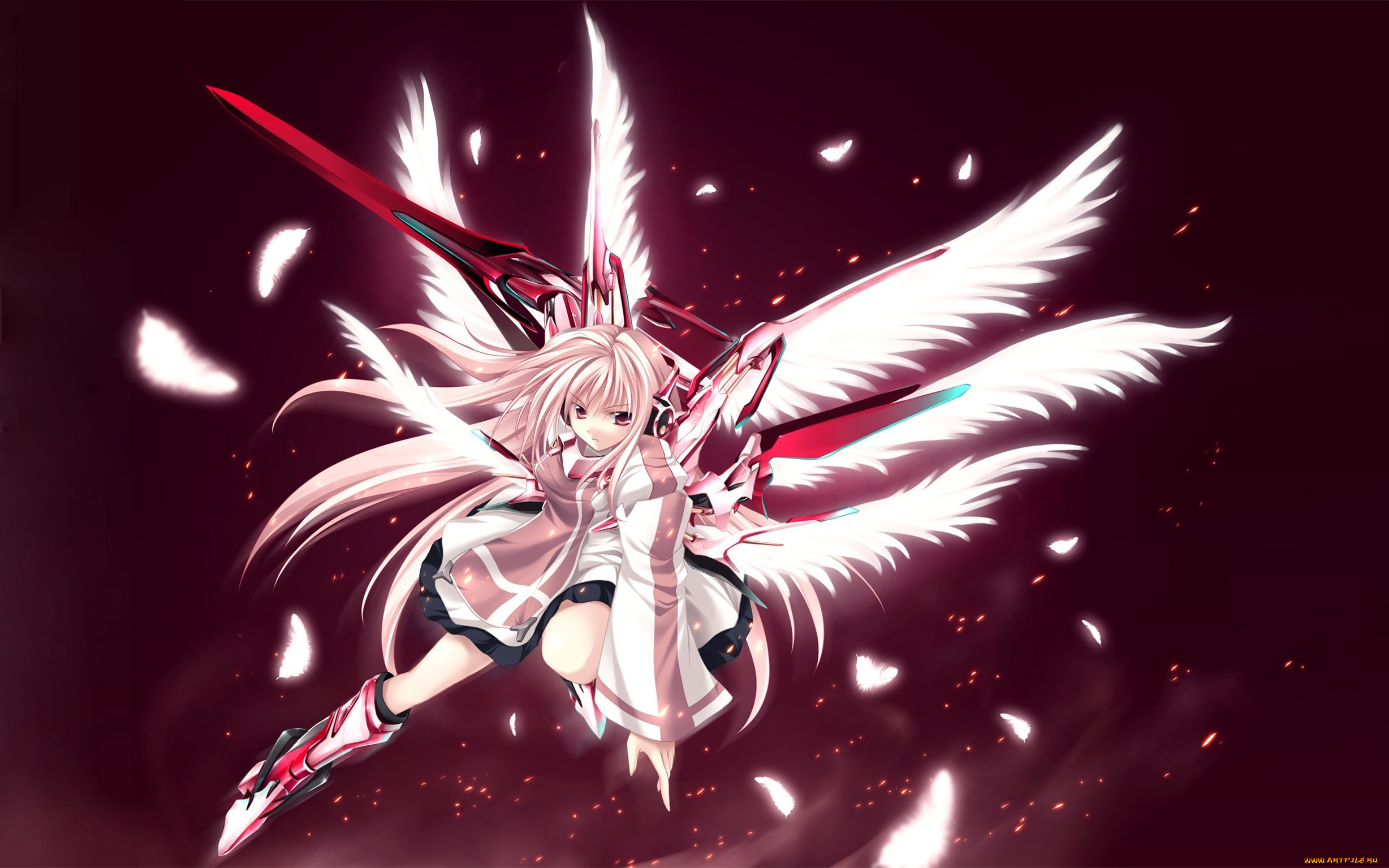аниме, touhou, перья, крылья, наряд, меч