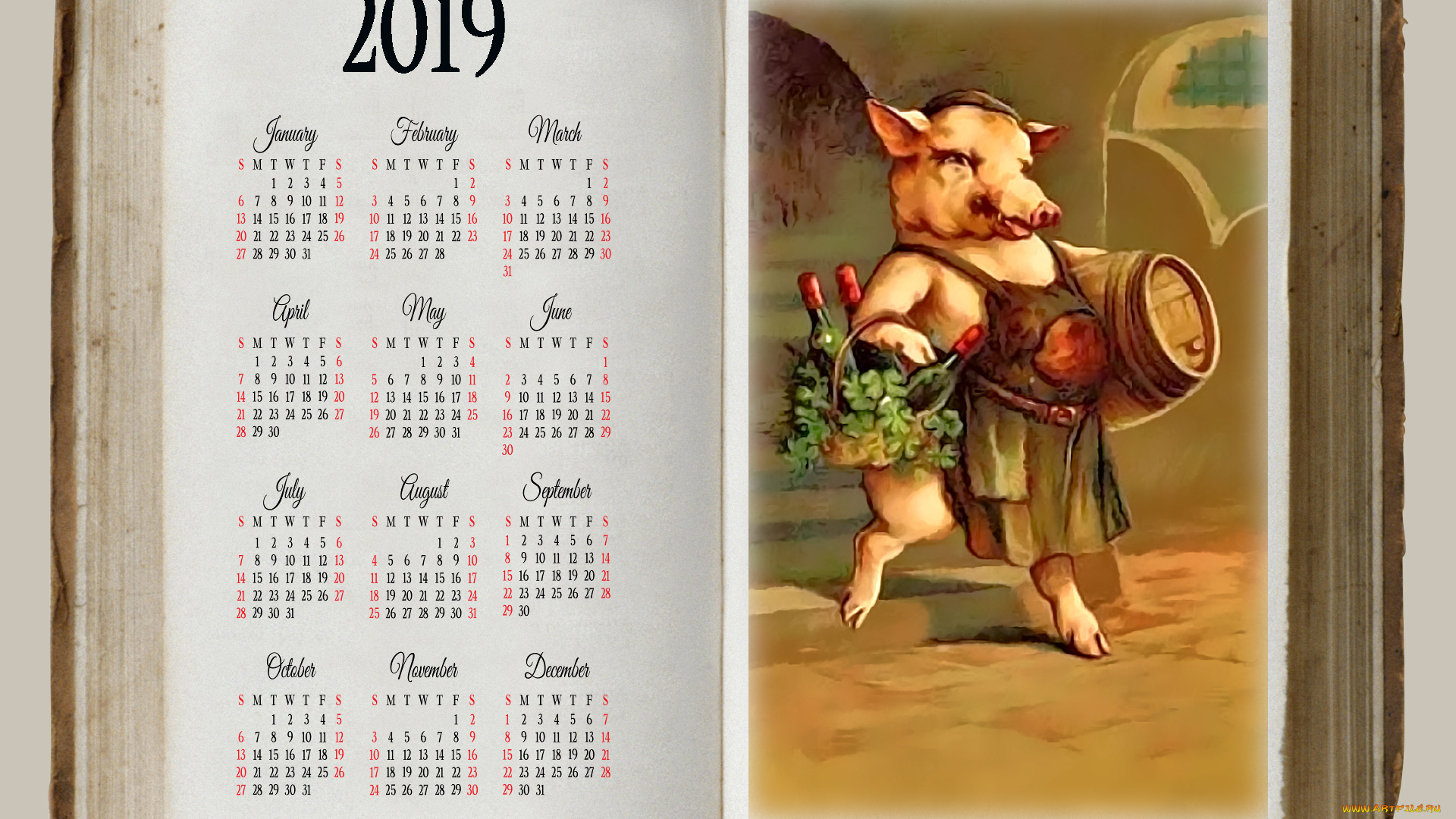 календари, рисованные, , векторная, графика, бутылка, свинья, бочка, поросенок, книга