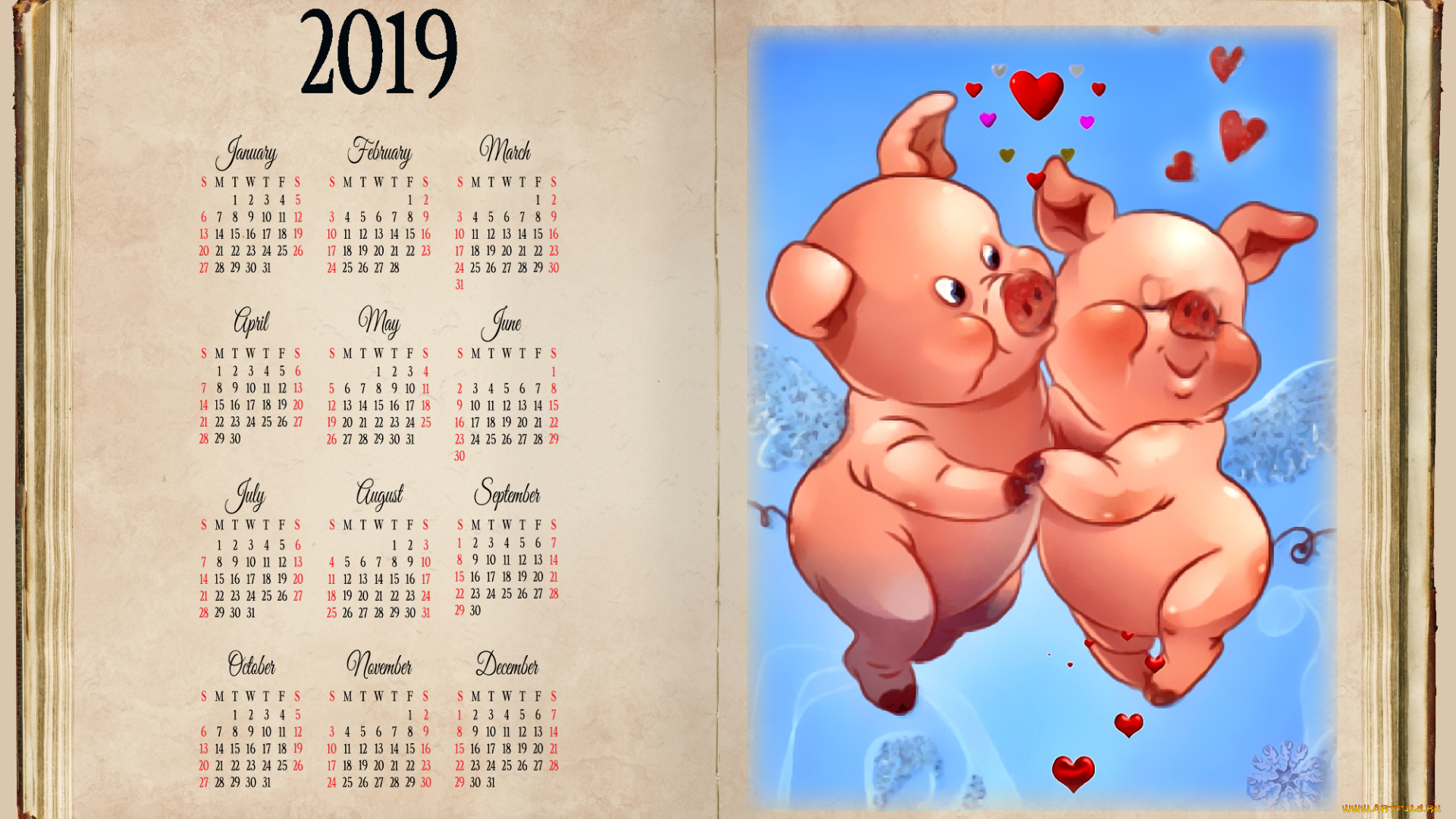 календари, рисованные, , векторная, графика, любовь, поросенок, сердце, свинья