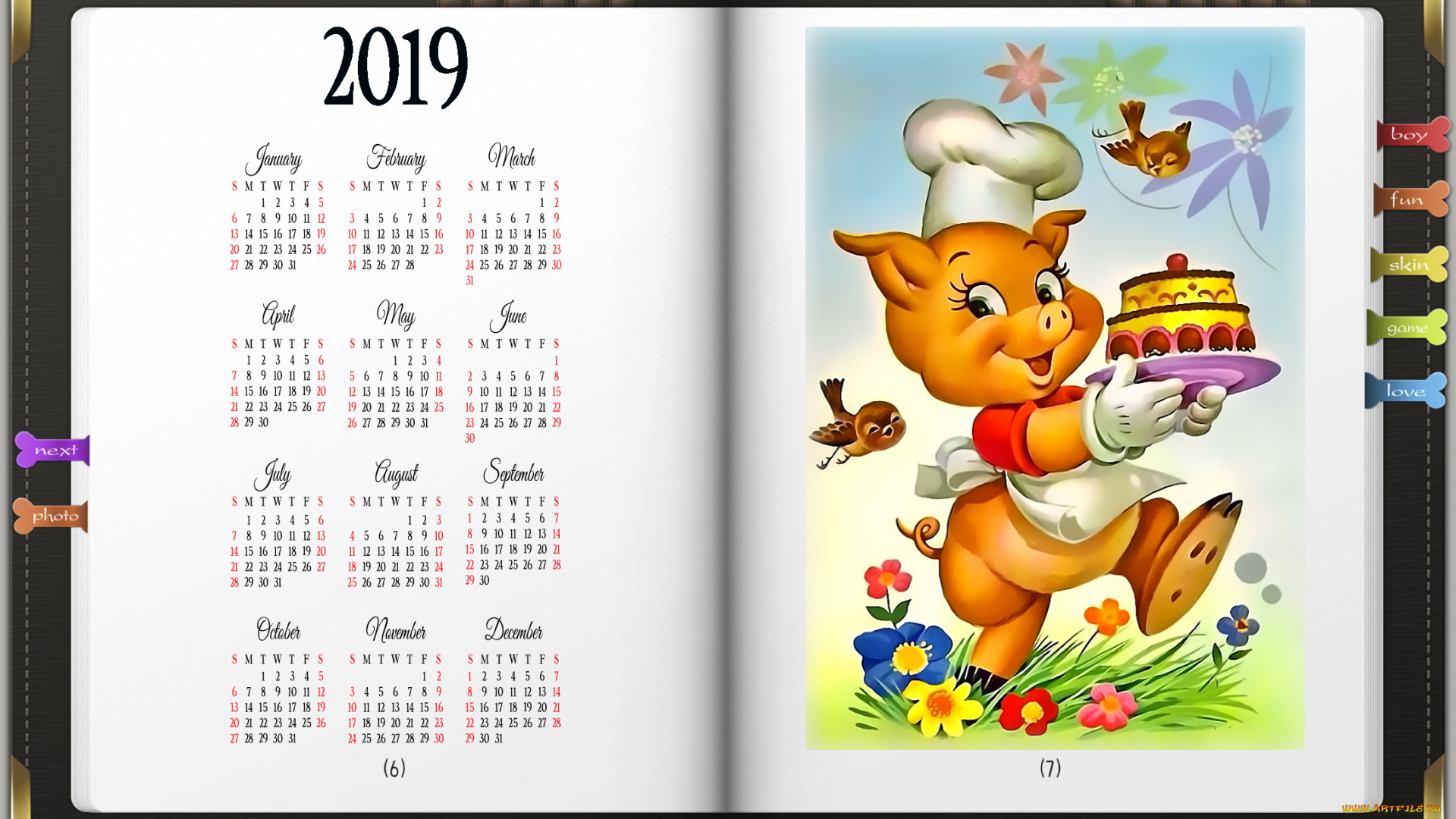 календари, рисованные, , векторная, графика, цветы, птица, свинья, торт, поросенок, колпак