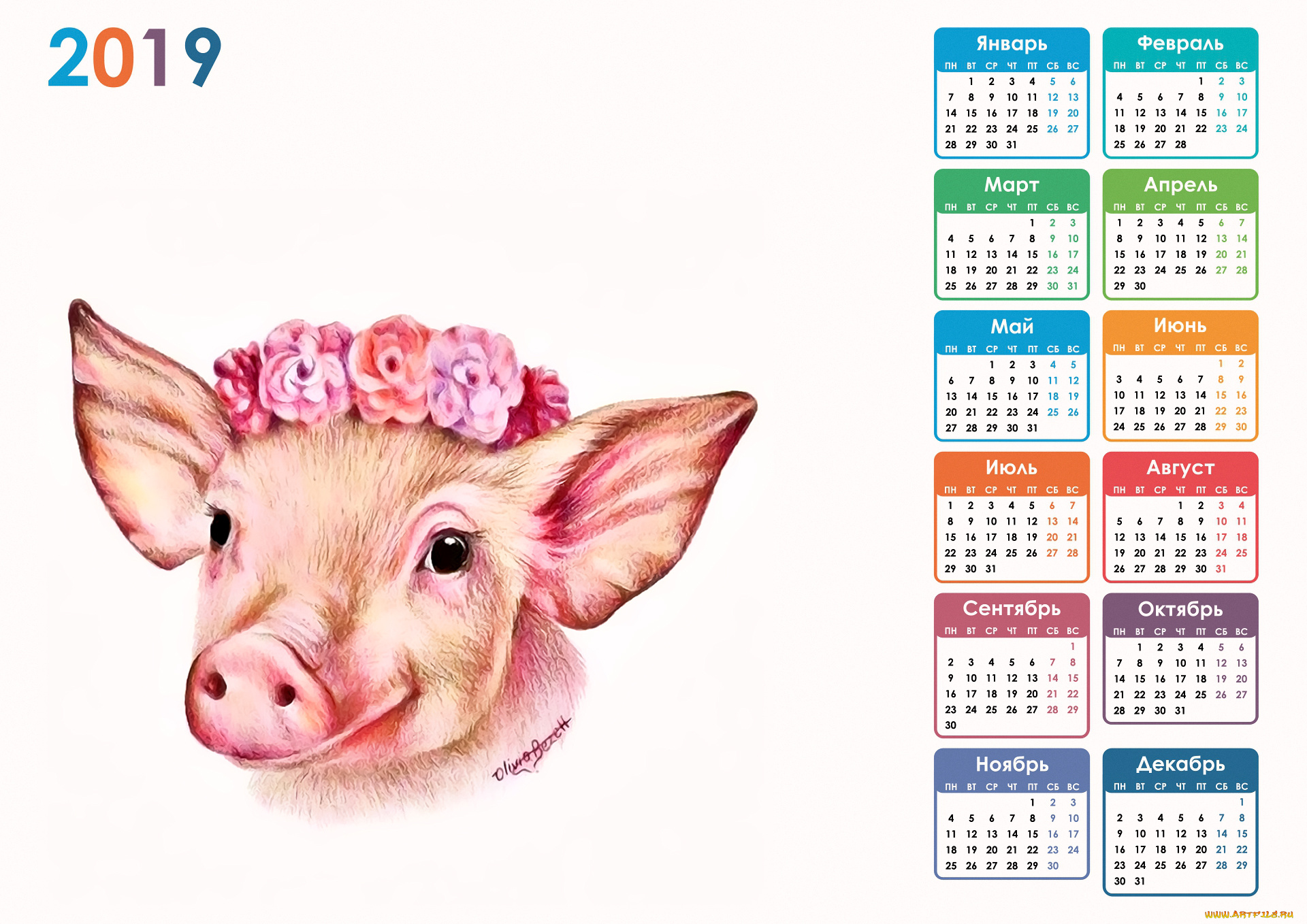 календари, рисованные, , векторная, графика, свинья, поросенок, венок