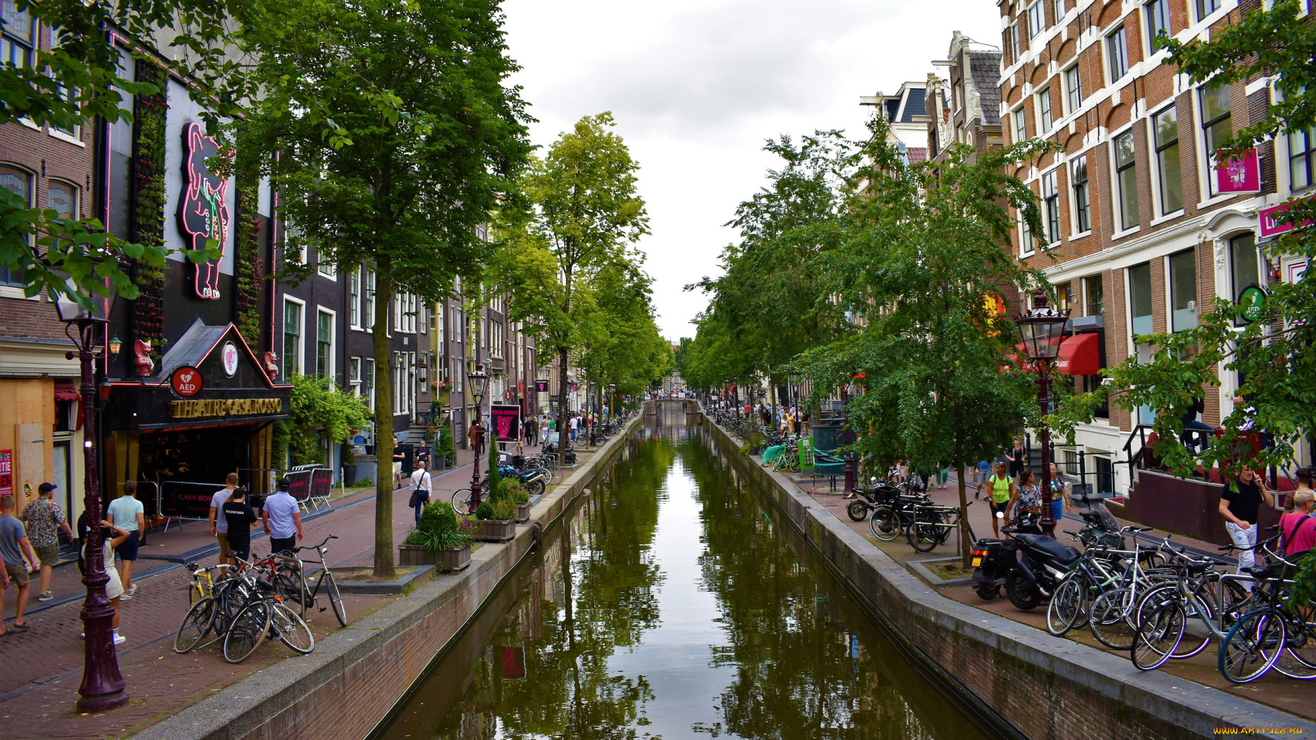 города, амстердам, , нидерланды, канал, велосипеды, прохожие