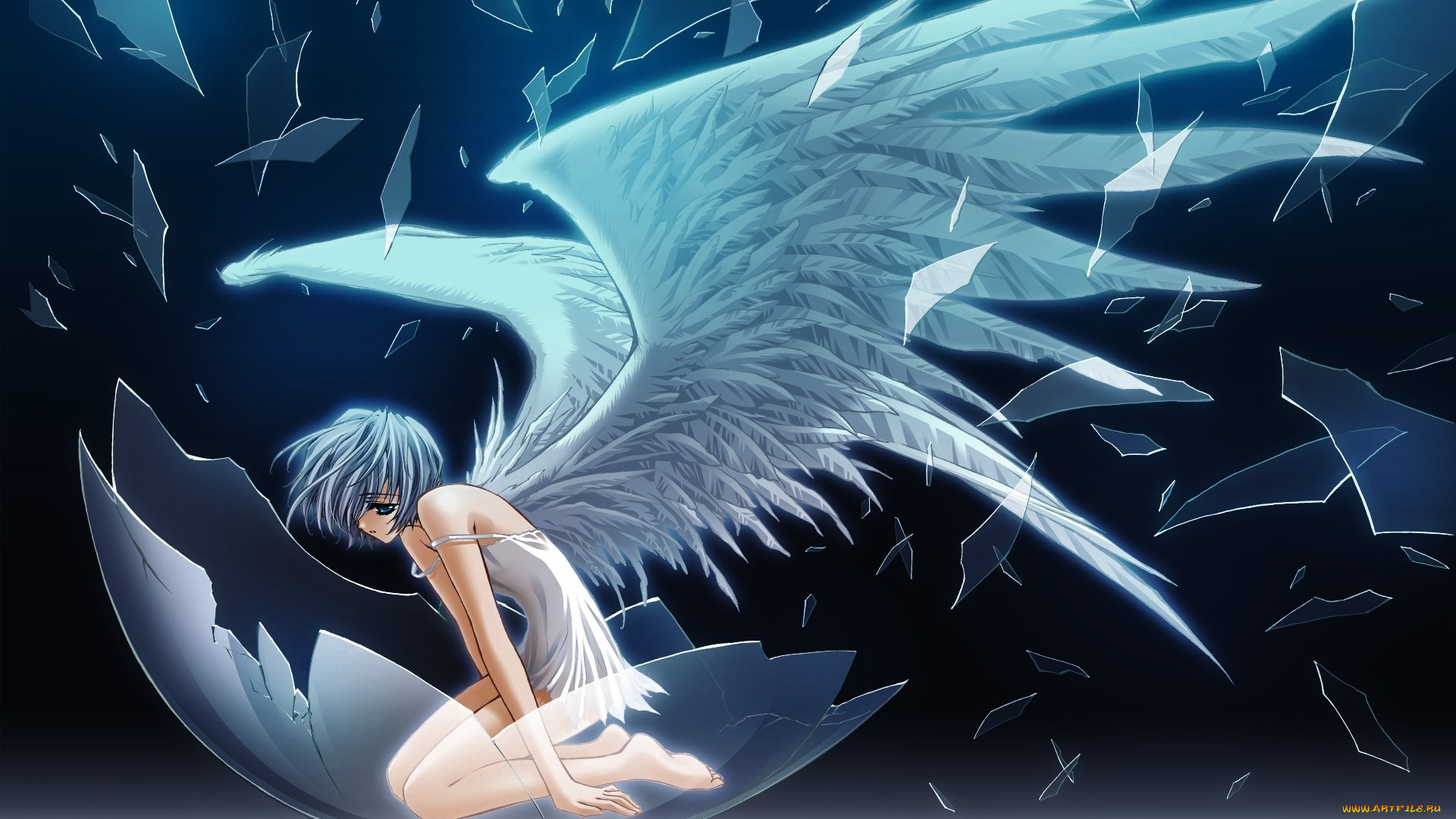 аниме, angels, demons, осколки, крылья, девушка, carnelian