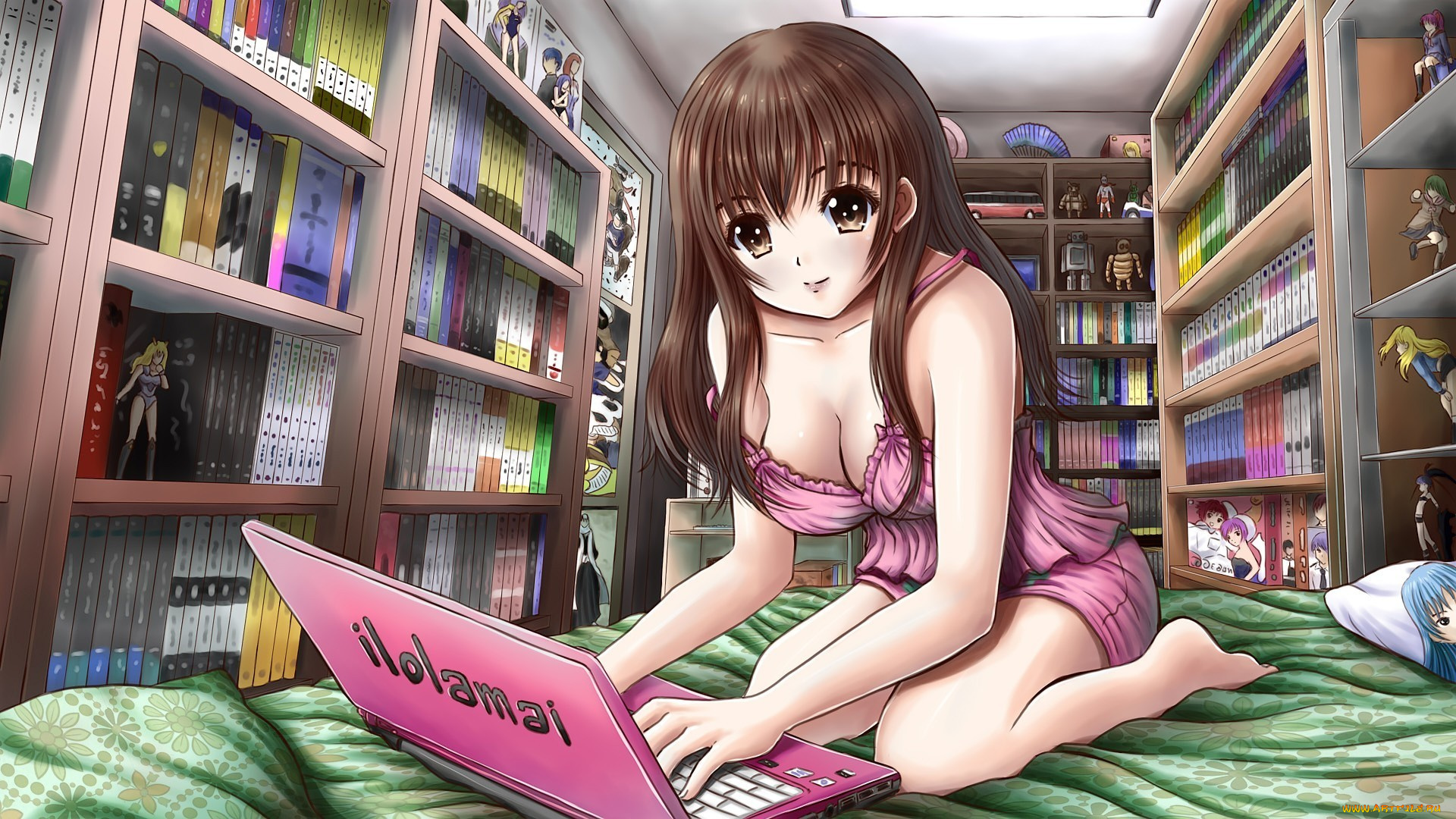 аниме, weapon, blood, technology, ilolamai, комната, девушка, книги, ноутбук