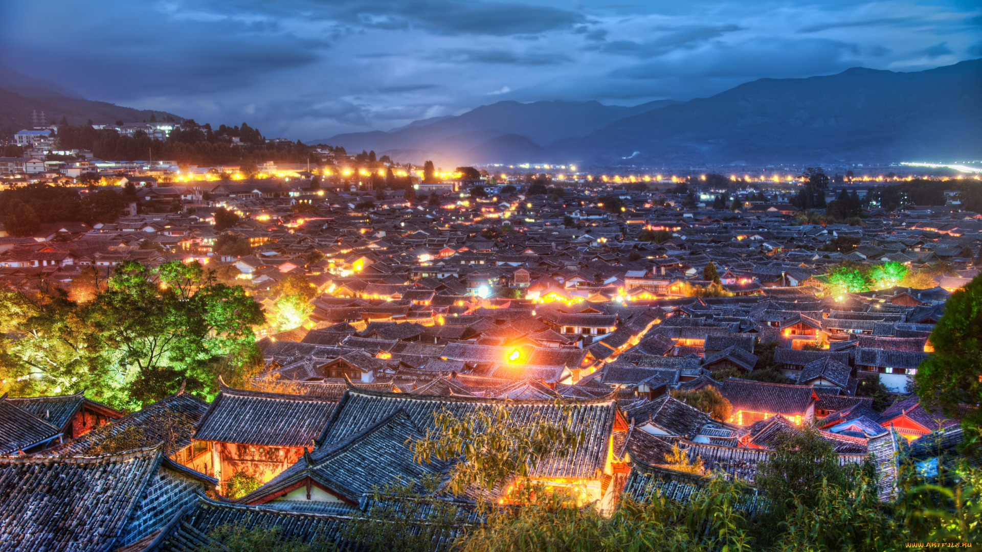 города, огни, ночного, ночь, lijiang, china