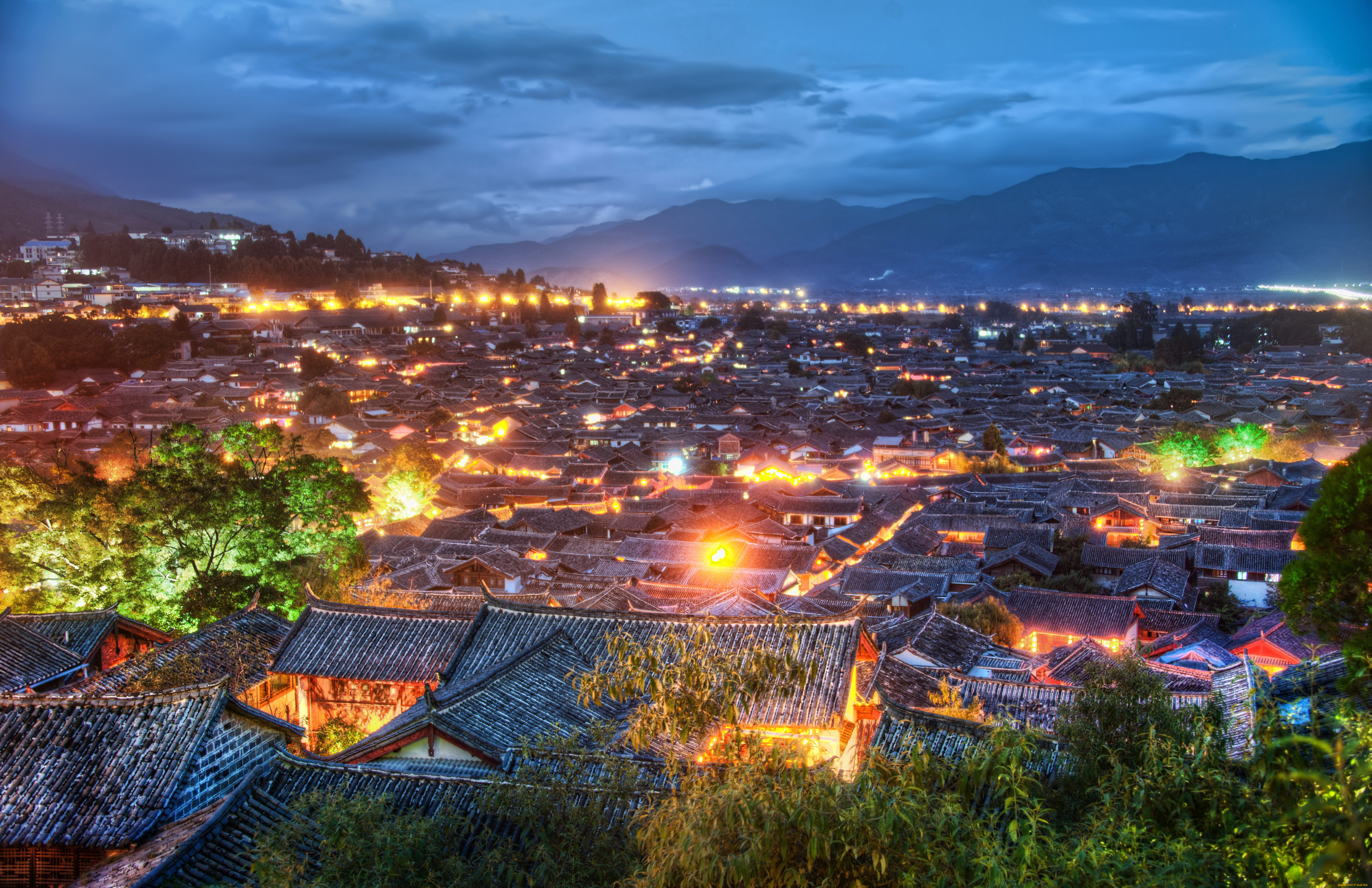 города, огни, ночного, ночь, lijiang, china