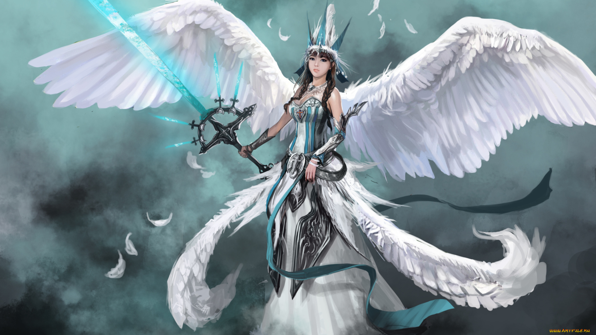 фэнтези, ангелы, меч, крылья, арт, angel, ангел, фантастика, перья, оружие, девушка