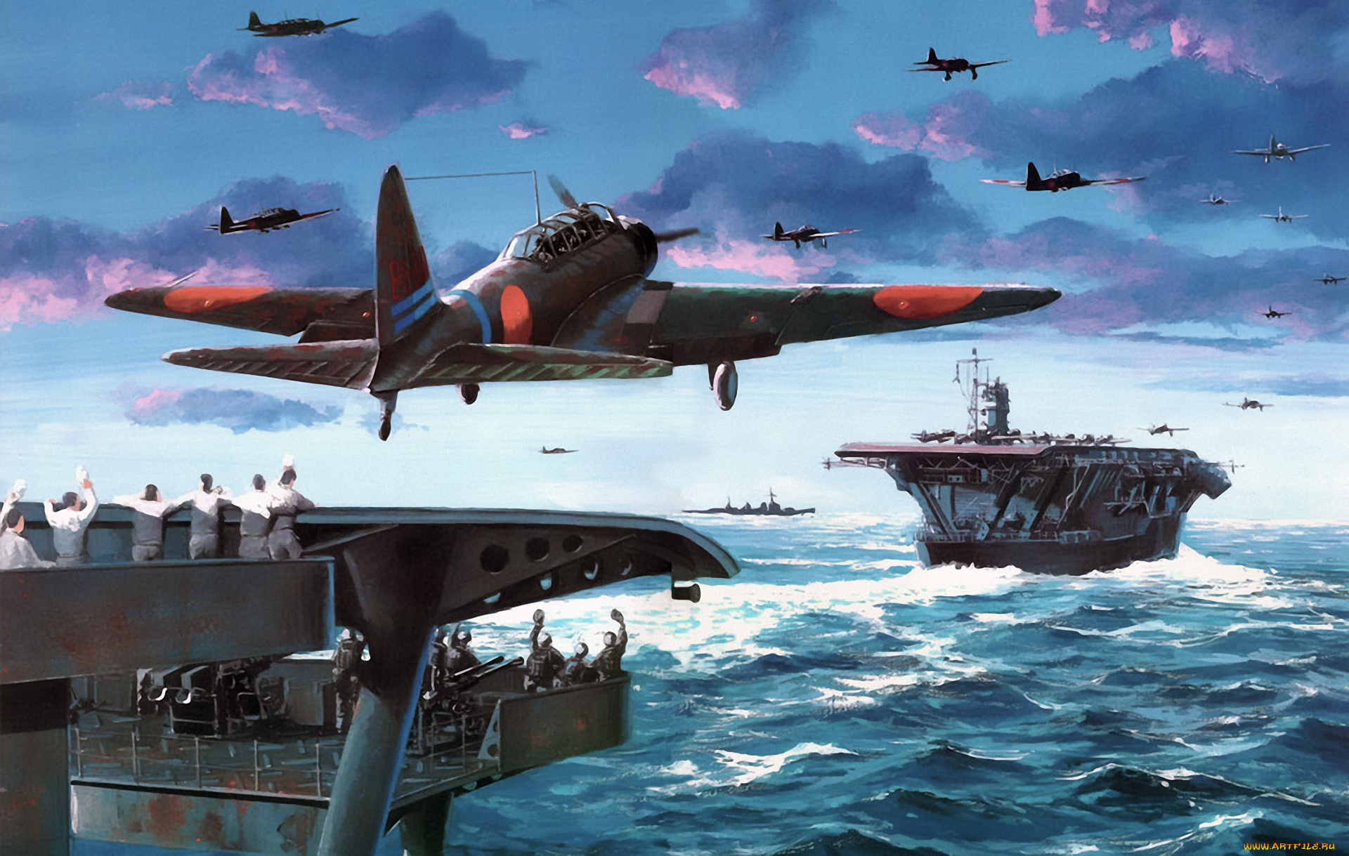 авиация, 3д, рисованые, v-graphic, матросы, война, облака, авианосцы, взлет, самолеты, корабли, море, моряки