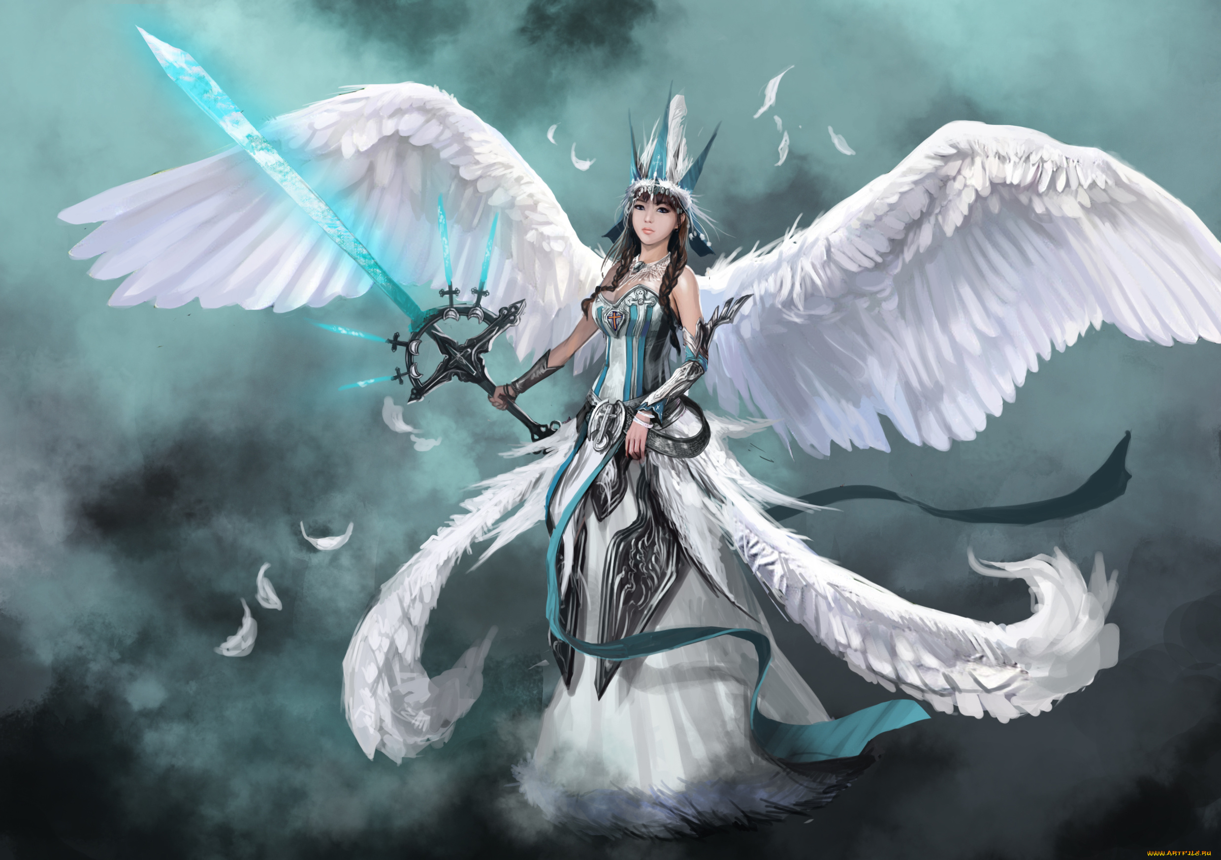 фэнтези, ангелы, меч, крылья, арт, angel, ангел, фантастика, перья, оружие, девушка