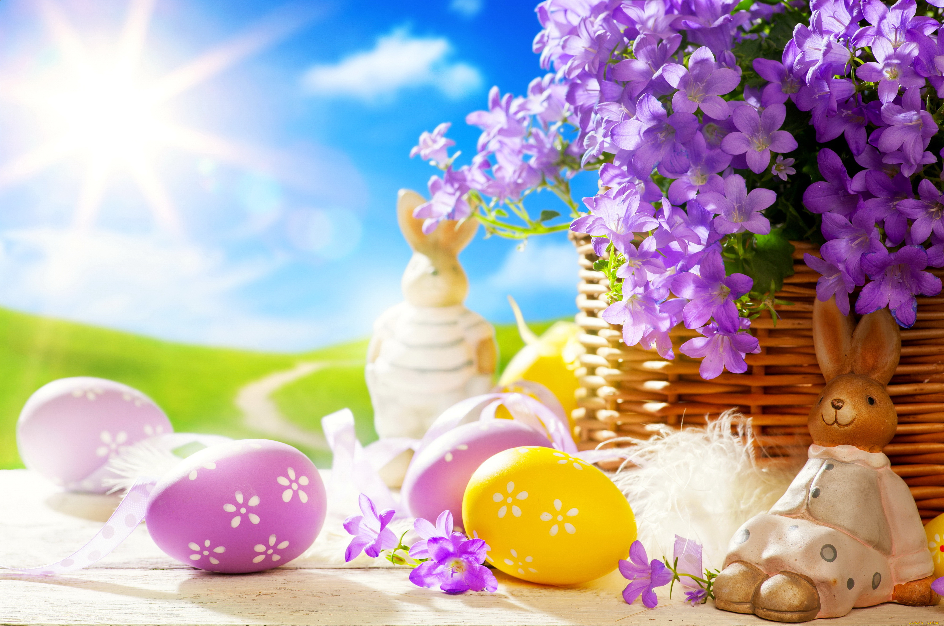праздничные, пасха, статуэтка, кролик, солнце, цветы, весна, яйца, easter