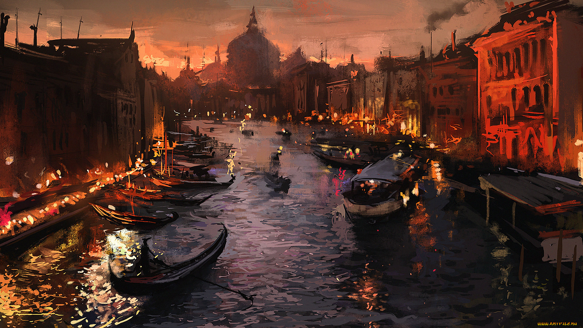 рисованное, живопись, венеция, лодка, огни, вечер, река, город, venice
