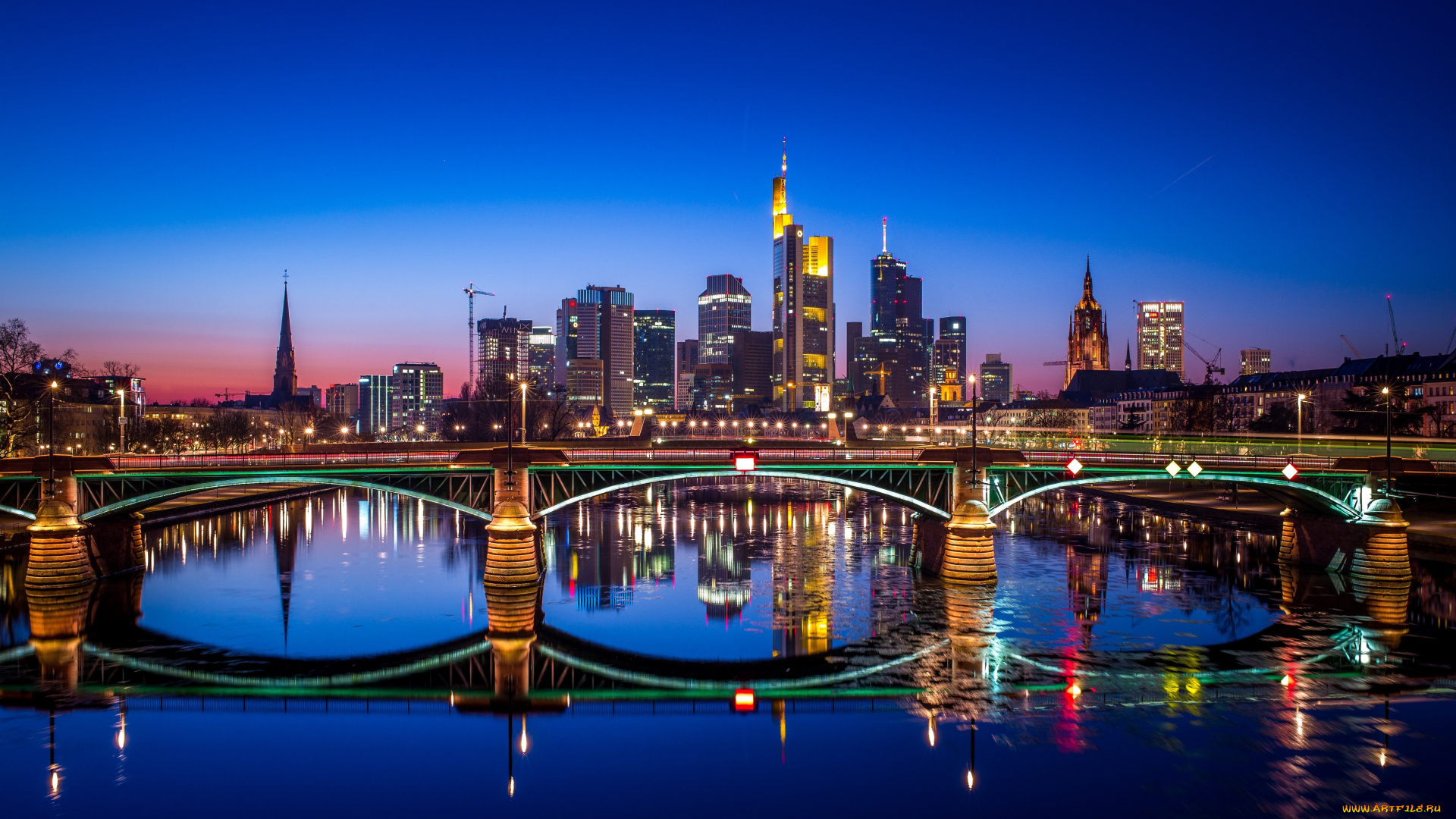 города, франкфурт-на-майне, , германия, ночной, город, франкфурт, отражается, в, воде