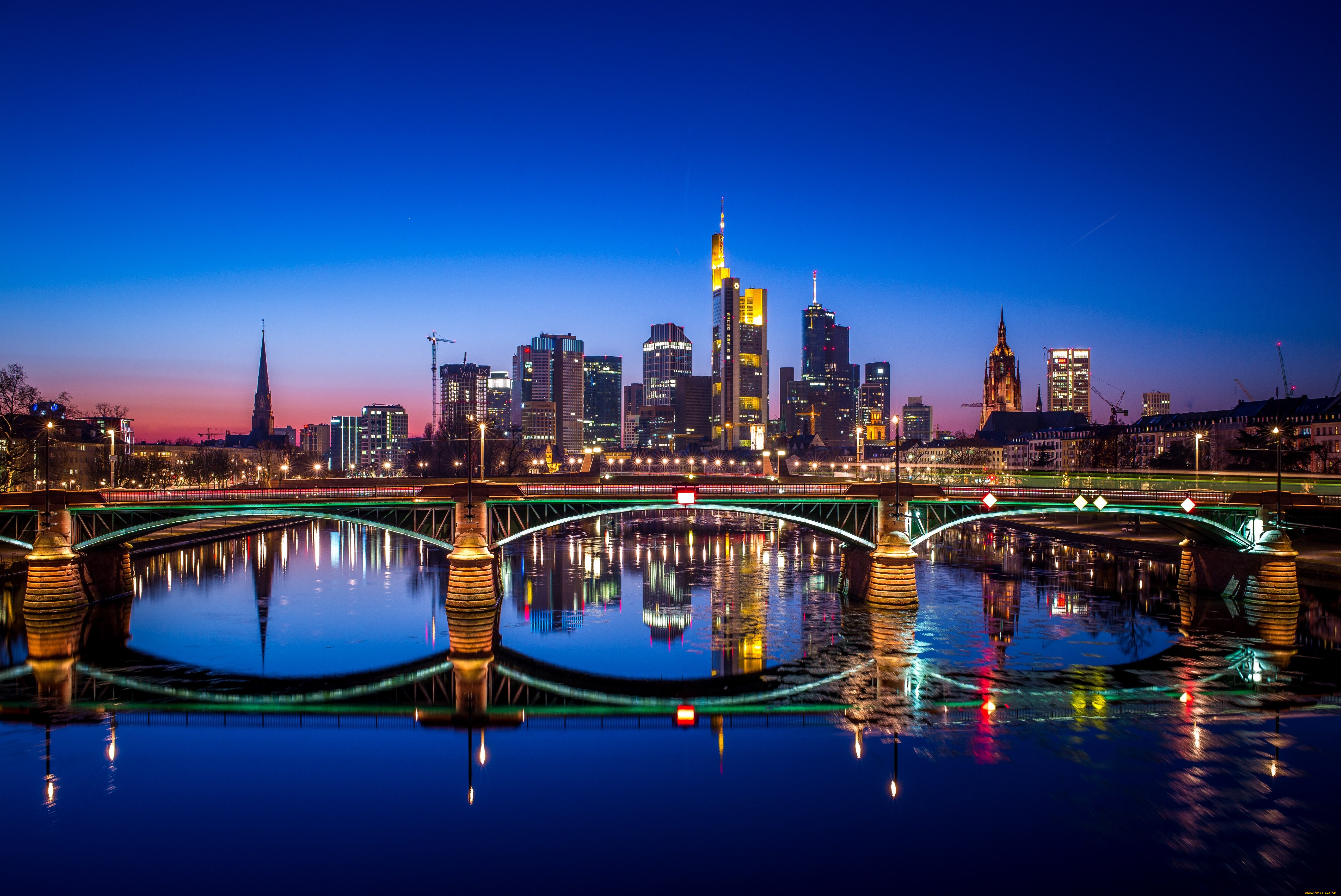 города, франкфурт-на-майне, , германия, ночной, город, франкфурт, отражается, в, воде