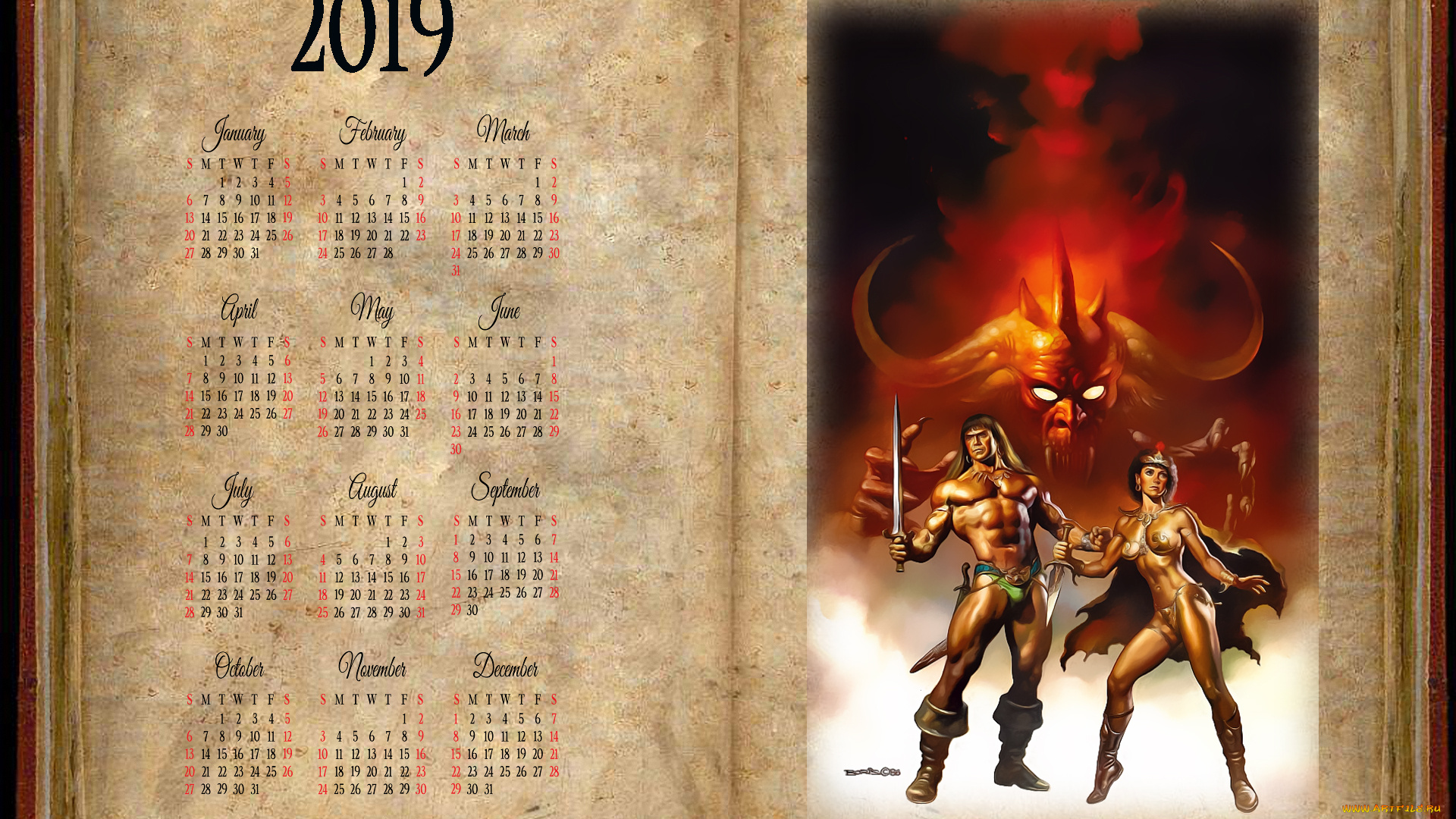 календари, фэнтези, книга, монстр, девушка, мужчина, демон