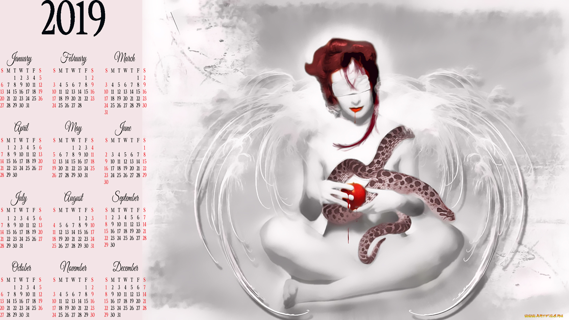 календари, фэнтези, змея, яблоко, девушка