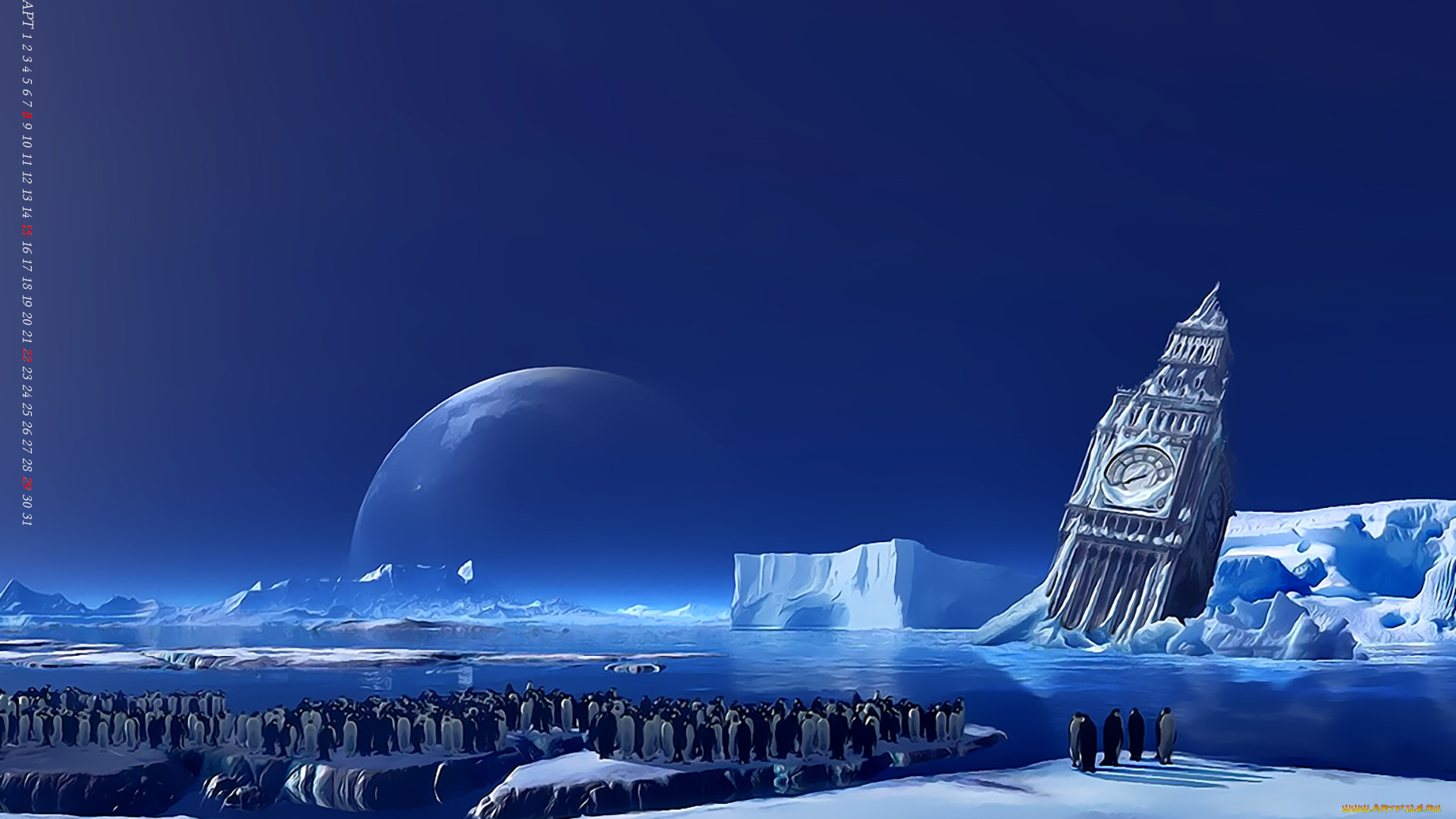 календари, фэнтези, пингвин, водоем, лед, снег, архитектура, calendar, 2020