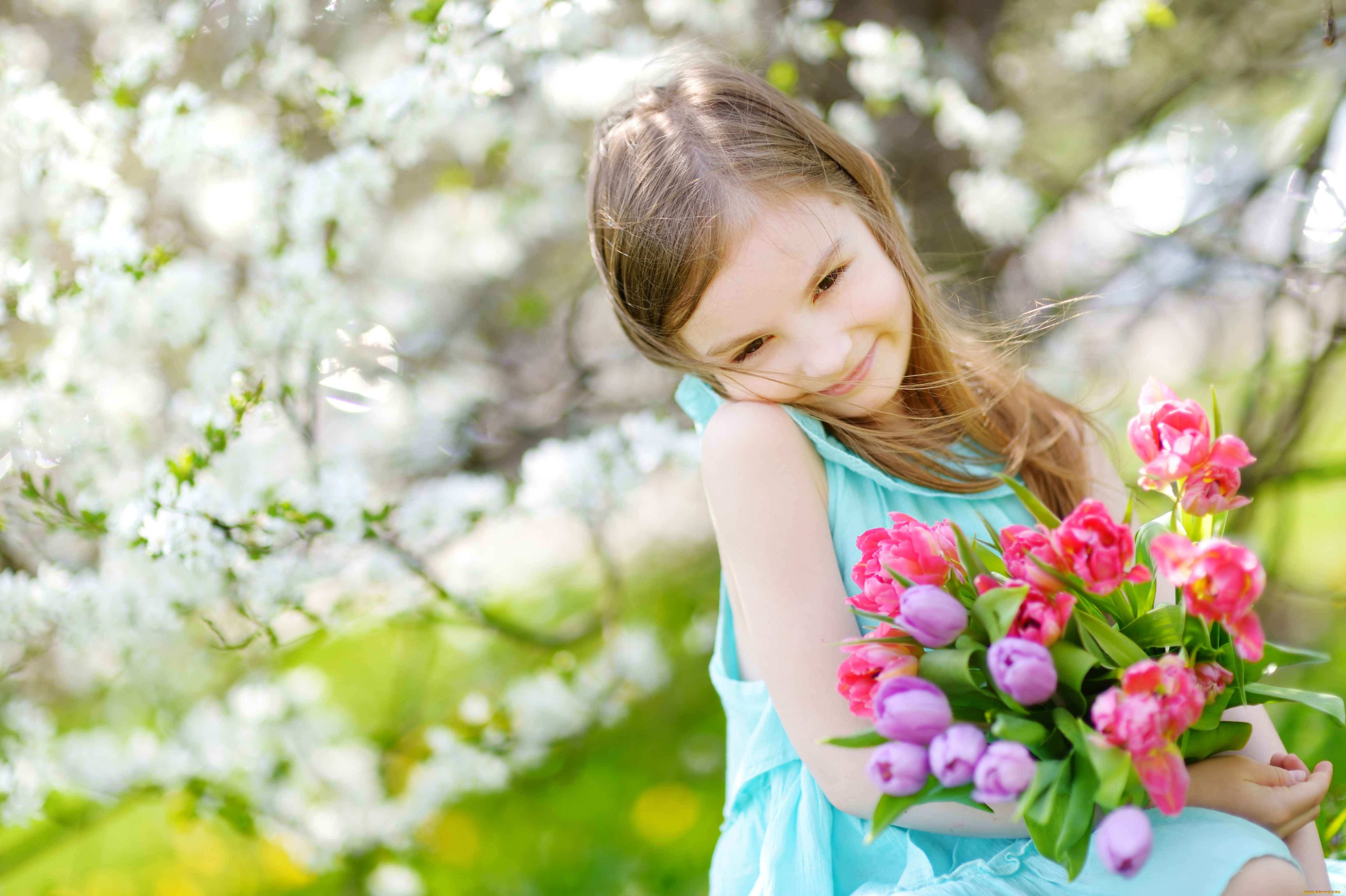 разное, дети, девочка, букет, цветы, тюльпаны, весна