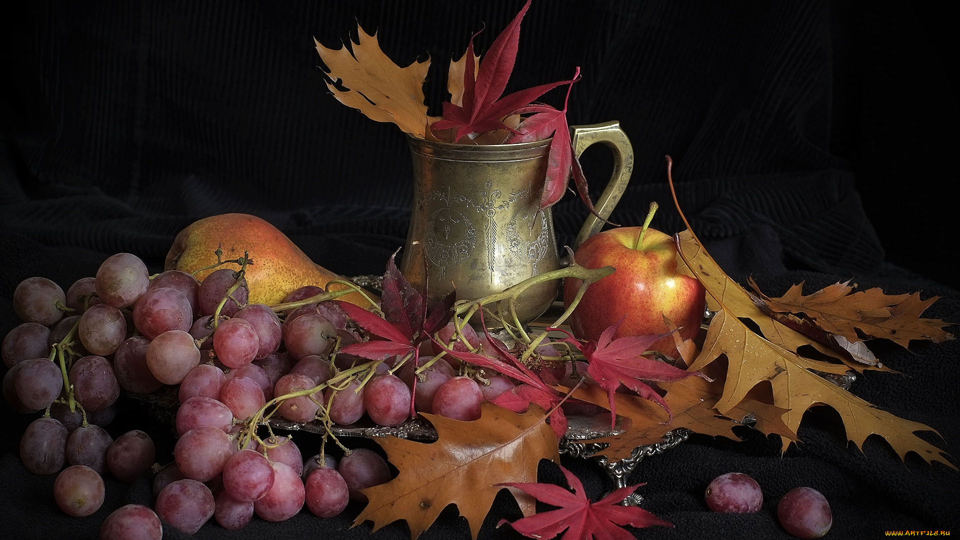 еда, натюрморт, листья, виноград, яблоко, груша