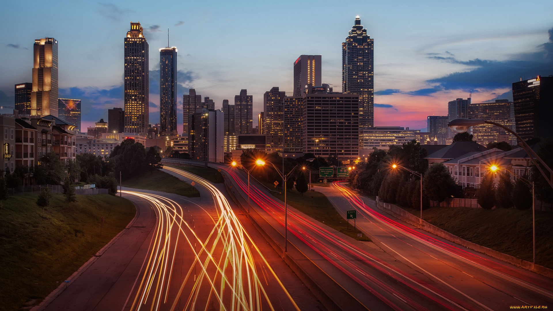 atlanta, skyline, города, -, огни, ночного, города, магистраль, высотки, заря, утро, огни