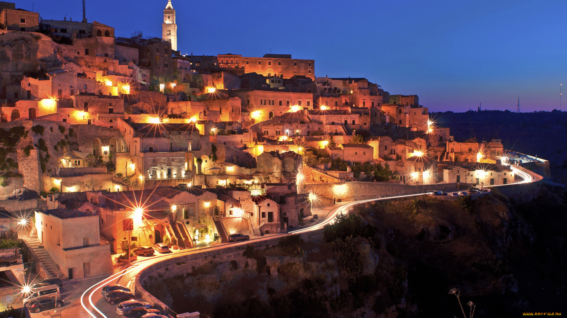 матера, италия, города, -, огни, ночного, города, огни, ночь, italy, matera, италия, матера, дома