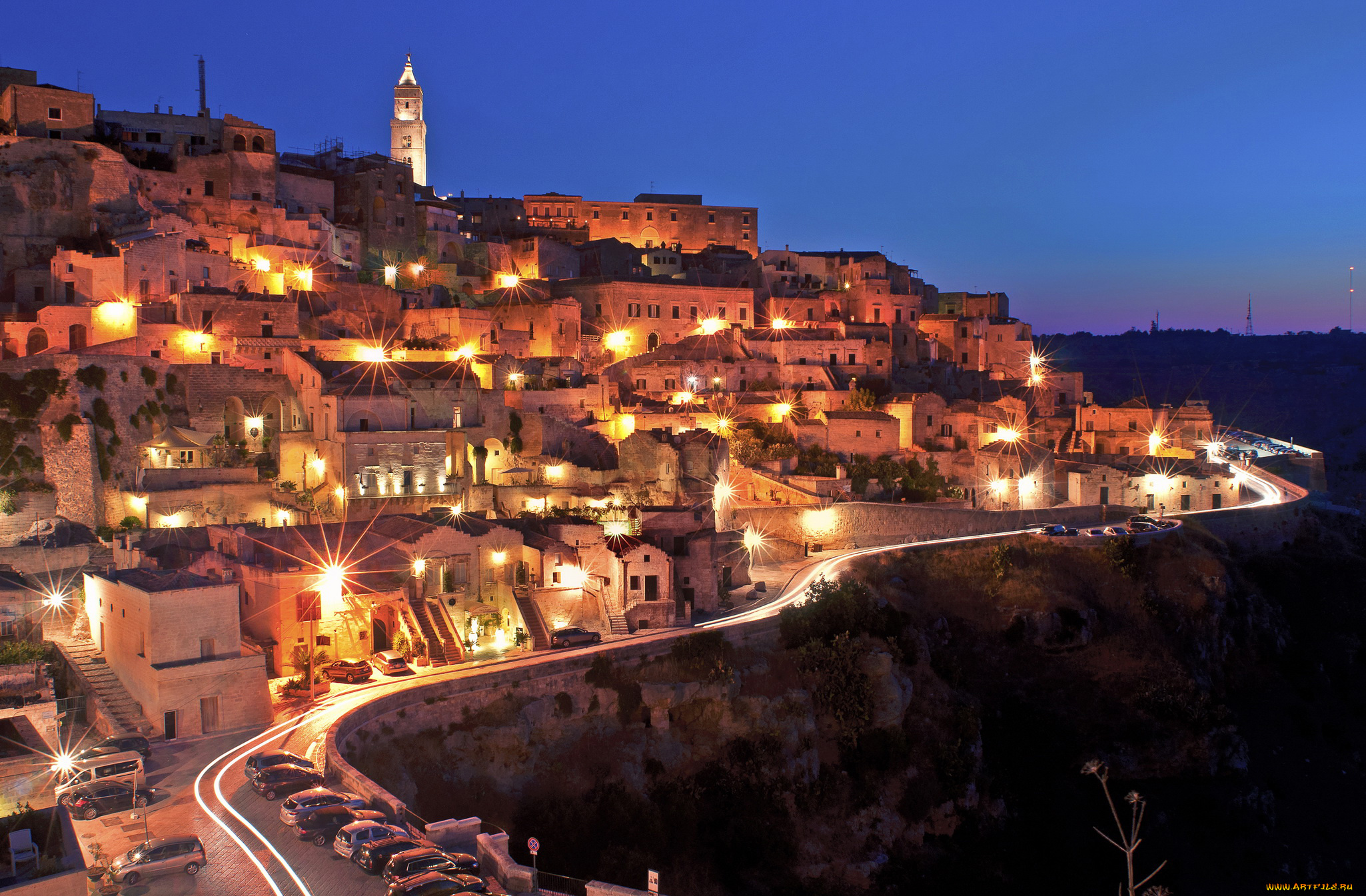 матера, италия, города, -, огни, ночного, города, огни, ночь, italy, matera, италия, матера, дома