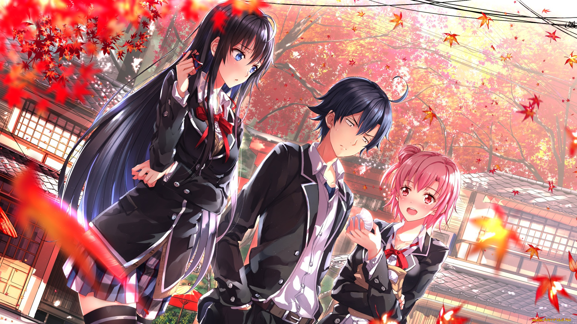 аниме, oregairu, арт, swordsouls, yukinoshita, yukino, yuigahama, yui, hikigaya, hachiman, yahari, ore, no, seishun, love, come, wa, machigatteiru, листья, деревья, осень, девушки, парень