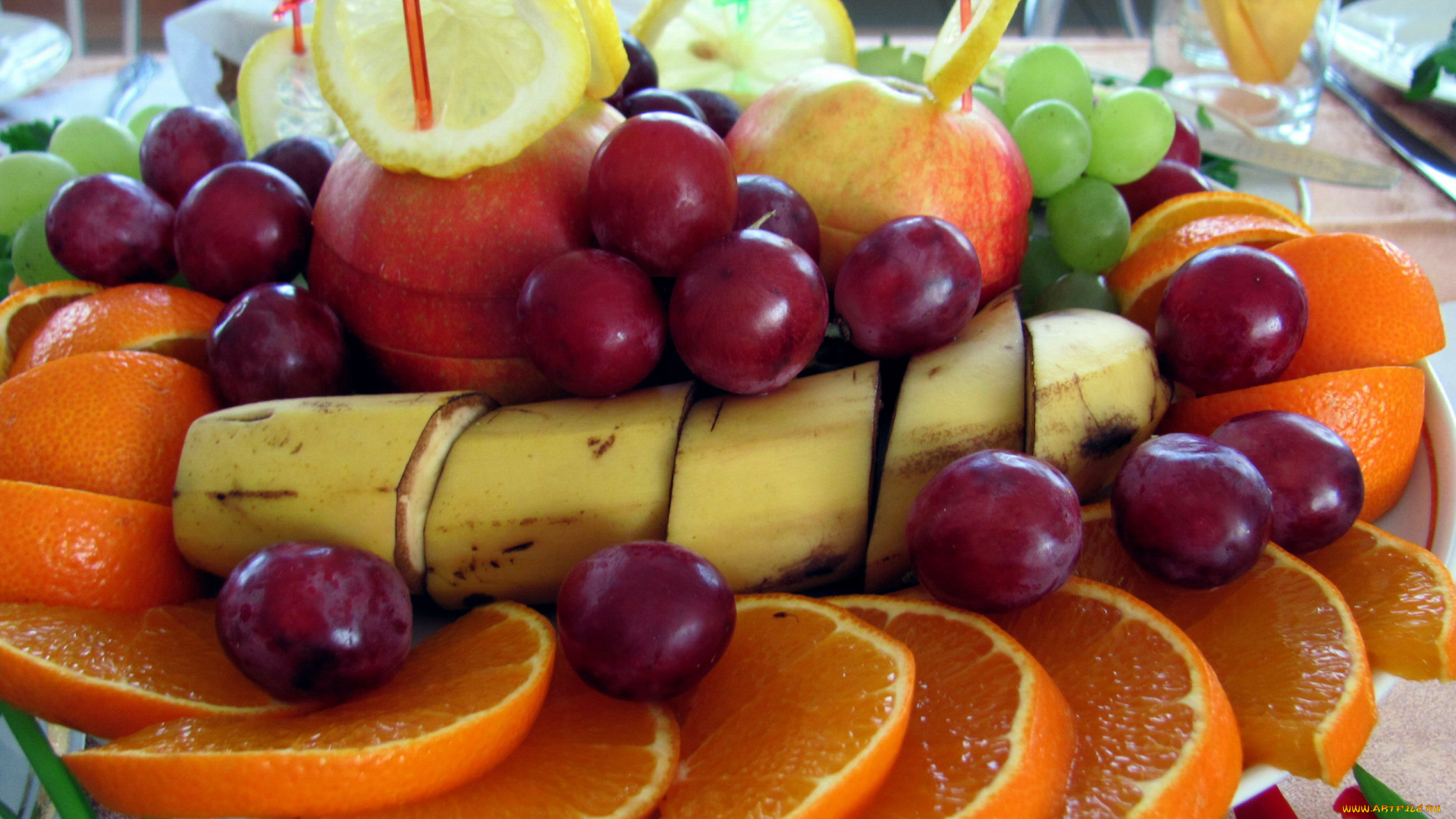 еда, фрукты, , ягоды, виноград, апельсин, яблоки, лимон