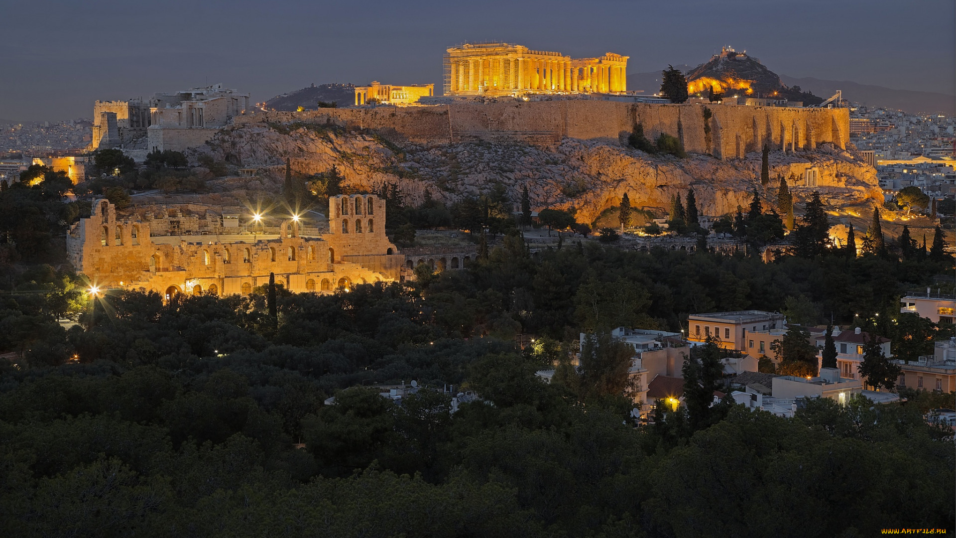 города, афины, , греция, вечер, панорама