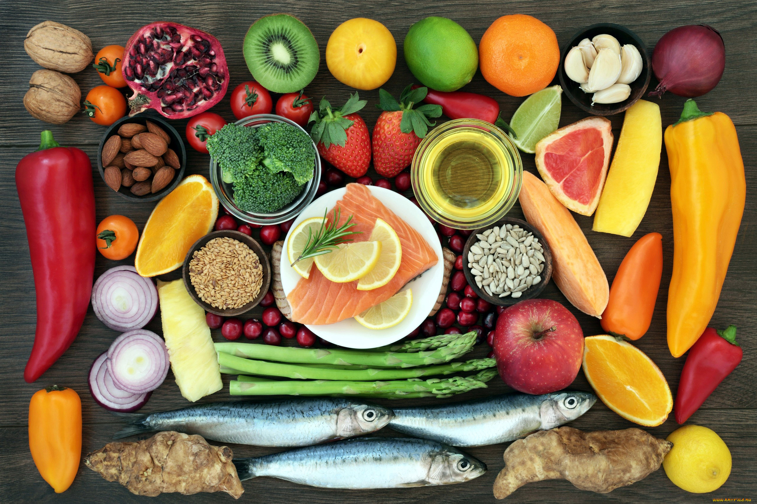 еда, разное, ягоды, овощи, фрукты, орехи, рыба